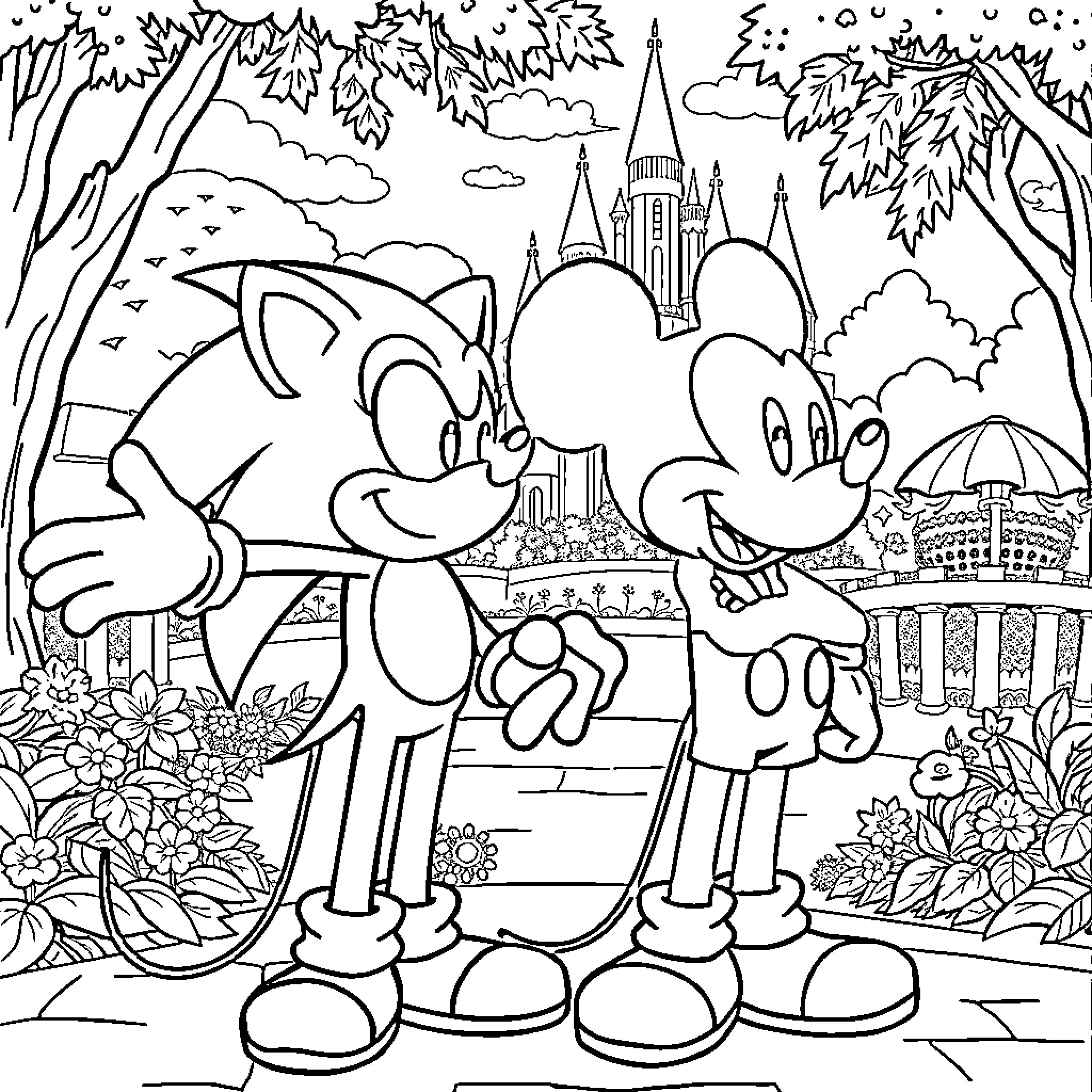 Sonic and Friends Enjoying a Magical Adventure Coloring Page (free black-and-white line drawing printable PDF for all, from beginners to advanced learners, including children, teens, adults, and seniors)