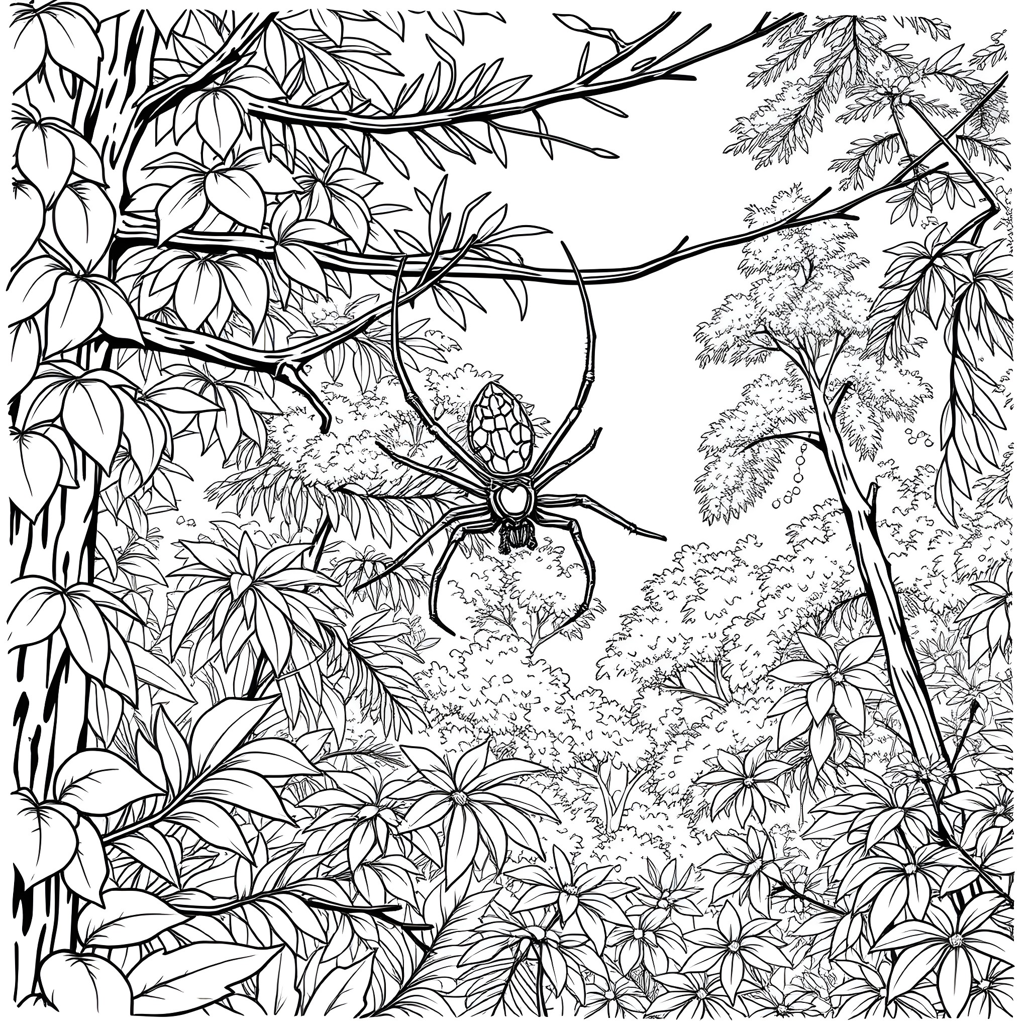 Spider Weaving Intricate Web in Lush Foliage Coloring Page (free black-and-white line drawing printable PDF for all, from beginners to advanced learners, including children, teens, adults, and seniors)