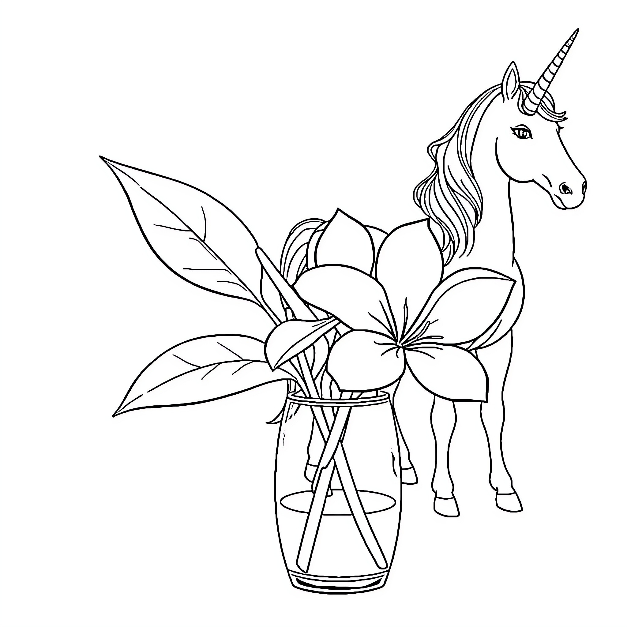 Plumeria unicorn in a flower vase Coloring Page (free black-and-white line drawing printable PDF for all, from beginners to advanced learners, including children, teens, adults, and seniors)