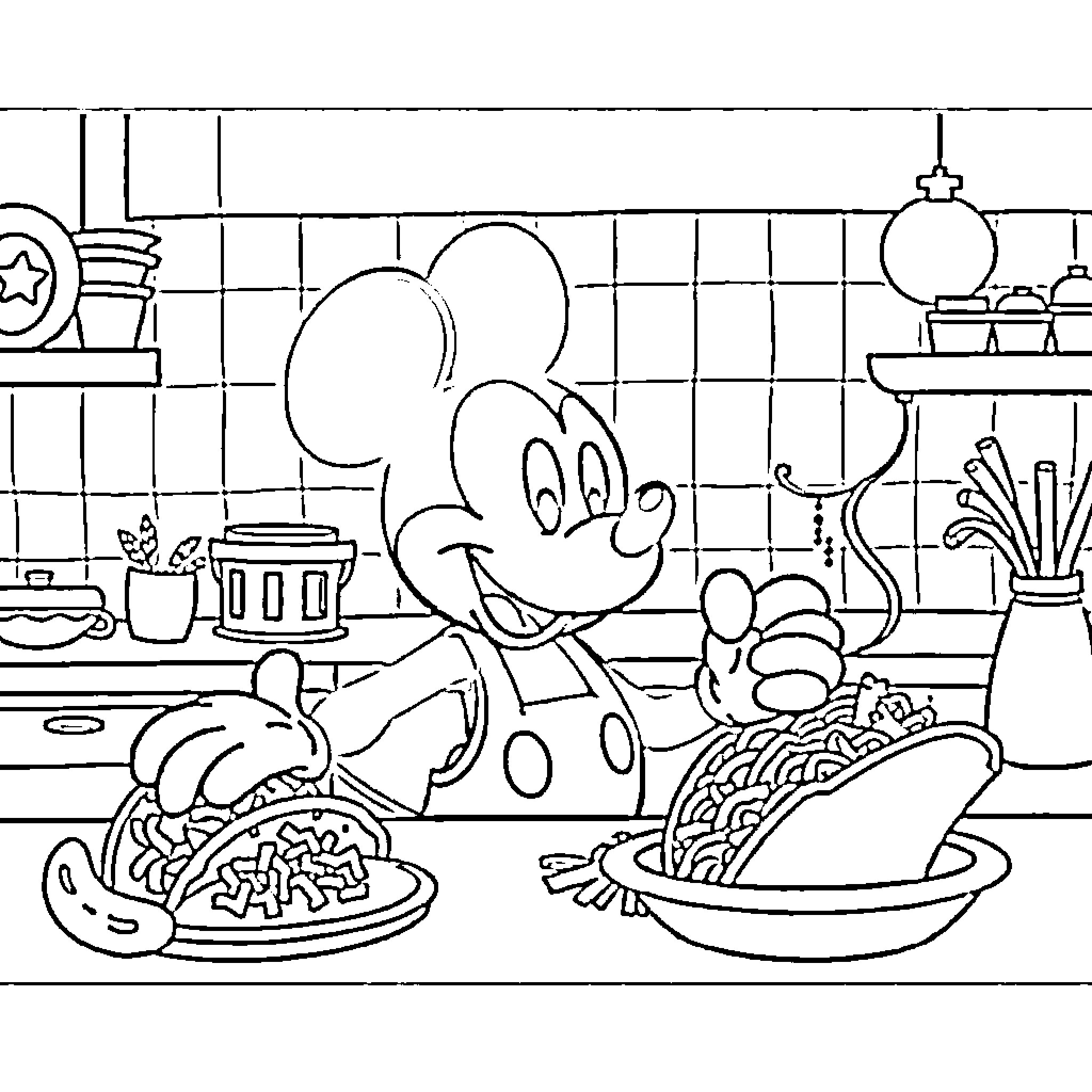 Mickey Mouse cooking delicious meals in the kitchen Coloring Page (free black-and-white line drawing printable PDF for all, from beginners to advanced learners, including children, teens, adults, and seniors)
