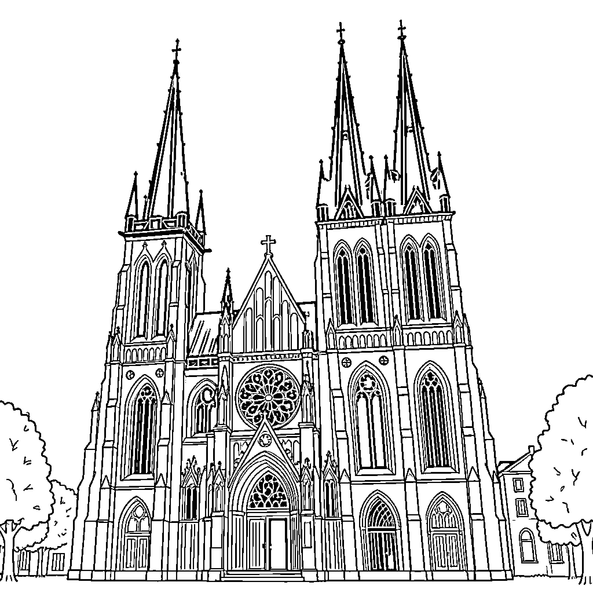 Gothic Cathedral with Ornate Spires and Arched Doorways Coloring Page (free black-and-white line drawing printable PDF for all, from beginners to advanced learners, including children, teens, adults, and seniors)