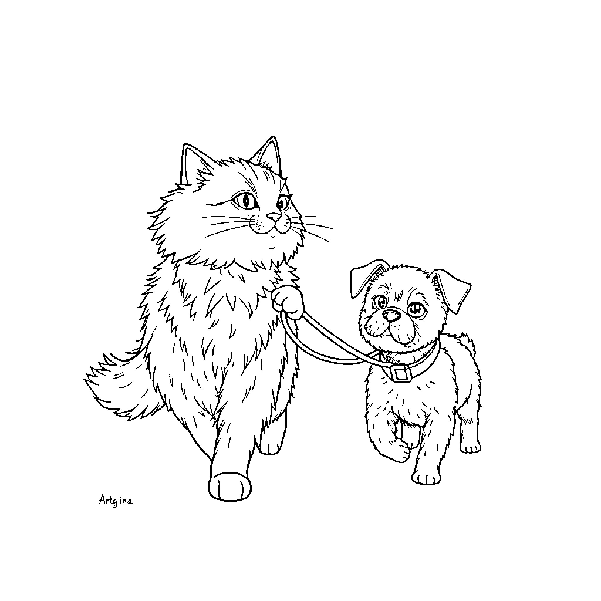 Cat walking with puppy friend Coloring Page (free black-and-white line drawing printable PDF for all, from beginners to advanced learners, including children, teens, adults, and seniors)