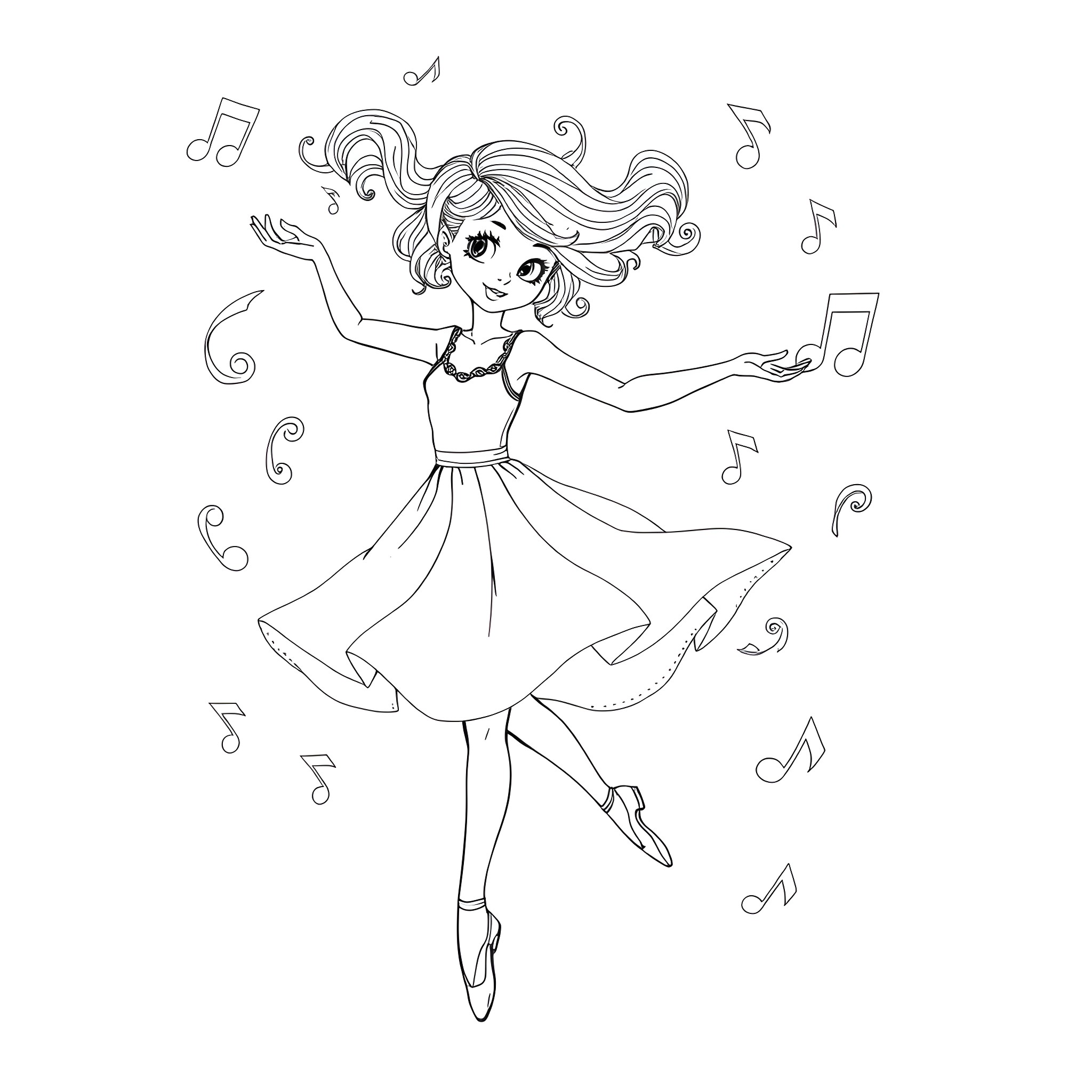 Girl dancing happily with music notes Coloring Page (free black-and-white line drawing printable PDF for all, from beginners to advanced learners, including children, teens, adults, and seniors)
