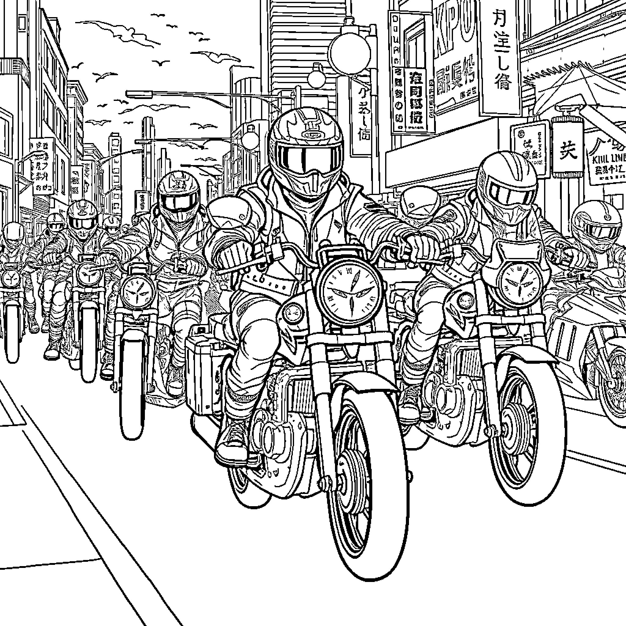 K Pop Warrior Motorcycle Gang on City Streets Coloring Page (free black-and-white line drawing printable PDF for all, from beginners to advanced learners, including children, teens, adults, and seniors)