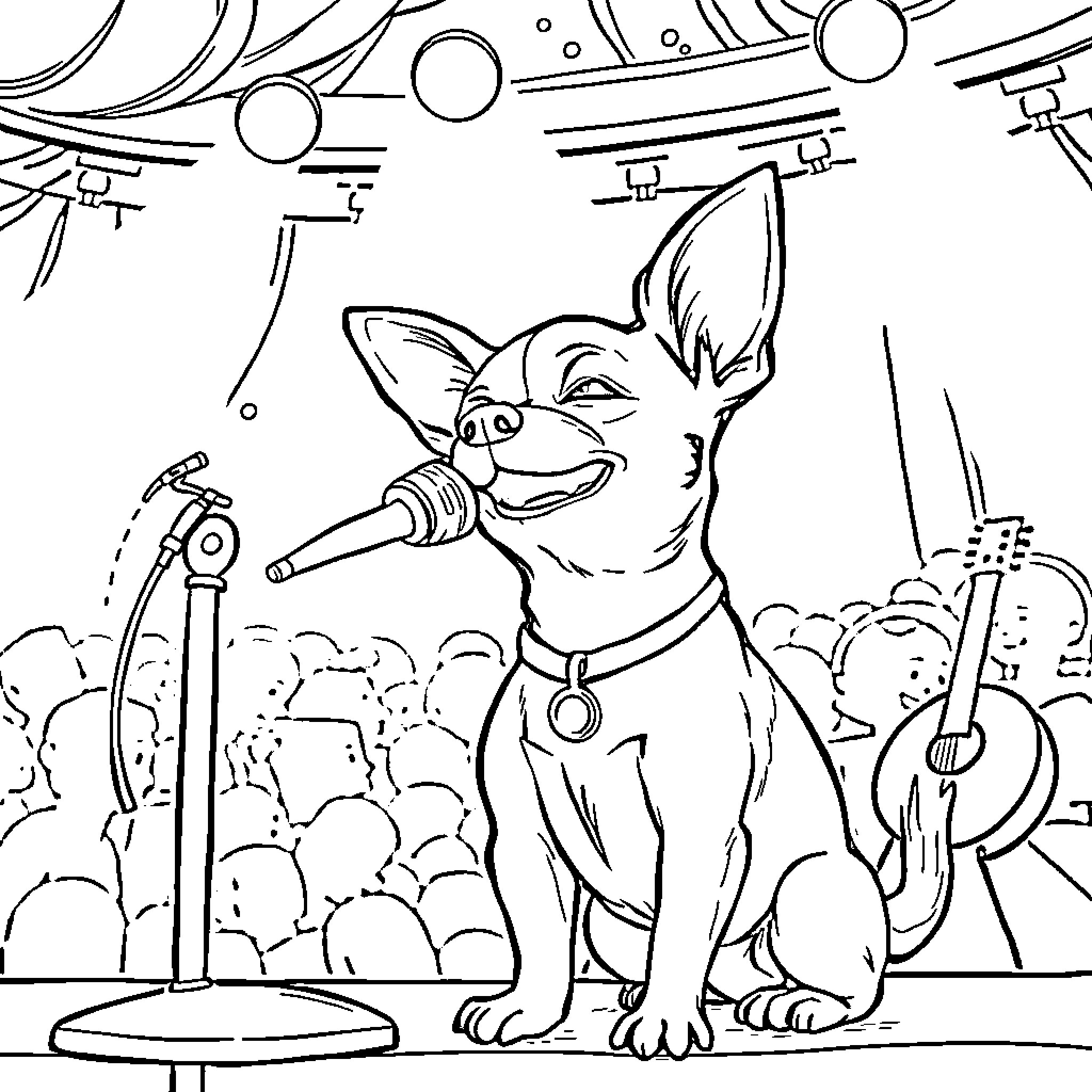 Chihuahua performing on stage with microphone Coloring Page (free black-and-white line drawing printable PDF for all, from beginners to advanced learners, including children, teens, adults, and seniors)