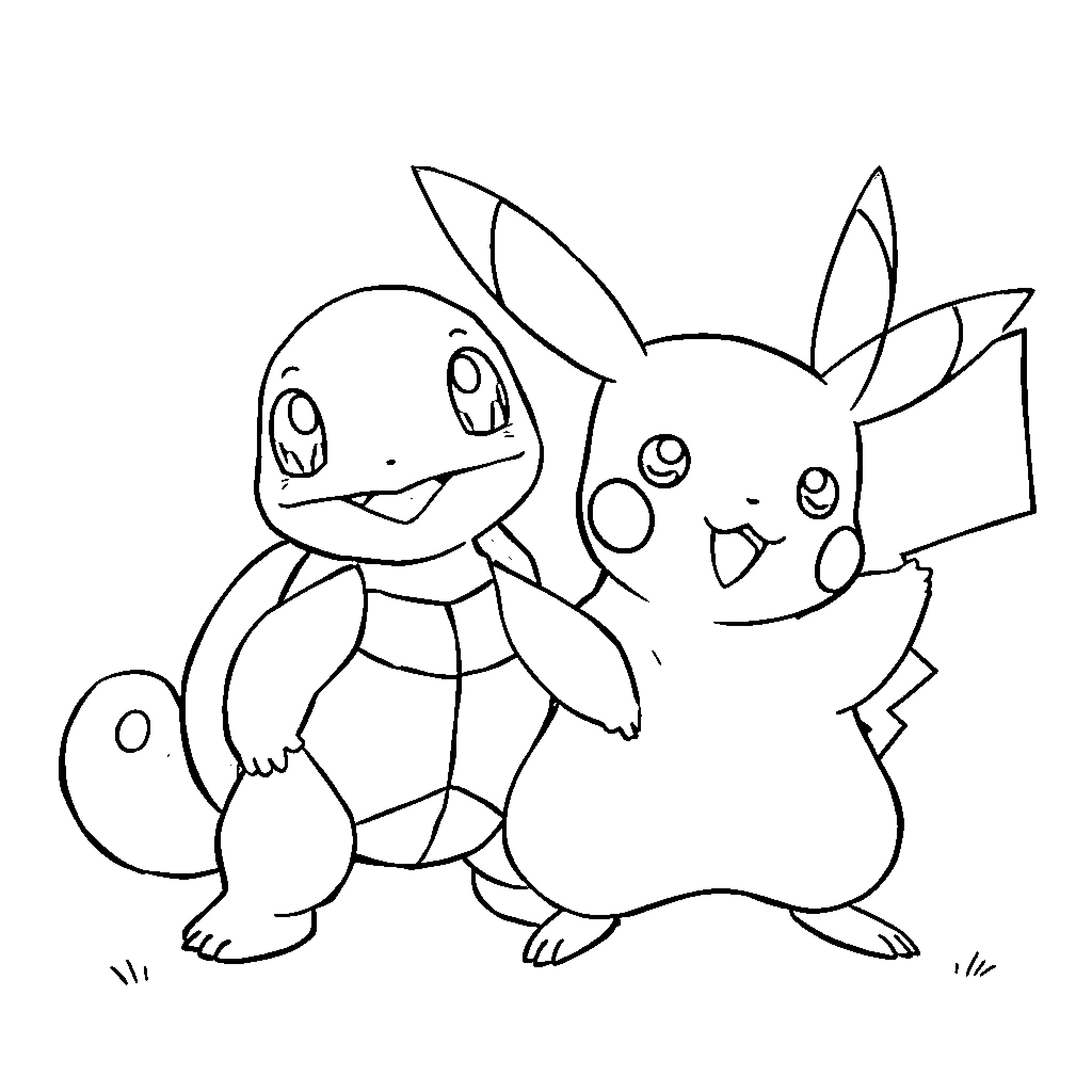 Pikachu and Squirtle playing together Coloring Page (free black-and-white line drawing printable PDF for all, from beginners to advanced learners, including children, teens, adults, and seniors)