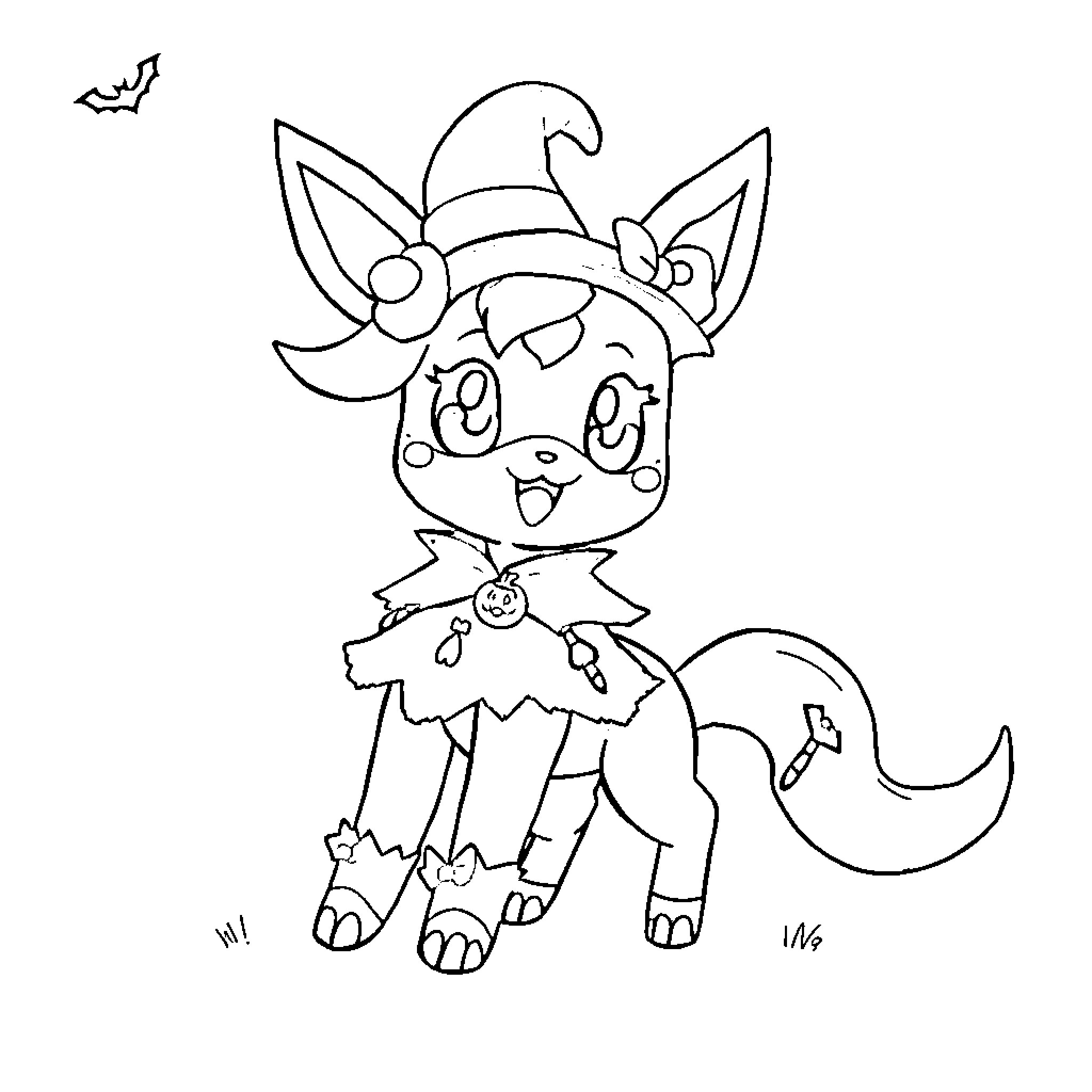 Glaceon in Halloween costume Coloring Page (free black-and-white line drawing printable PDF for all, from beginners to advanced learners, including children, teens, adults, and seniors)