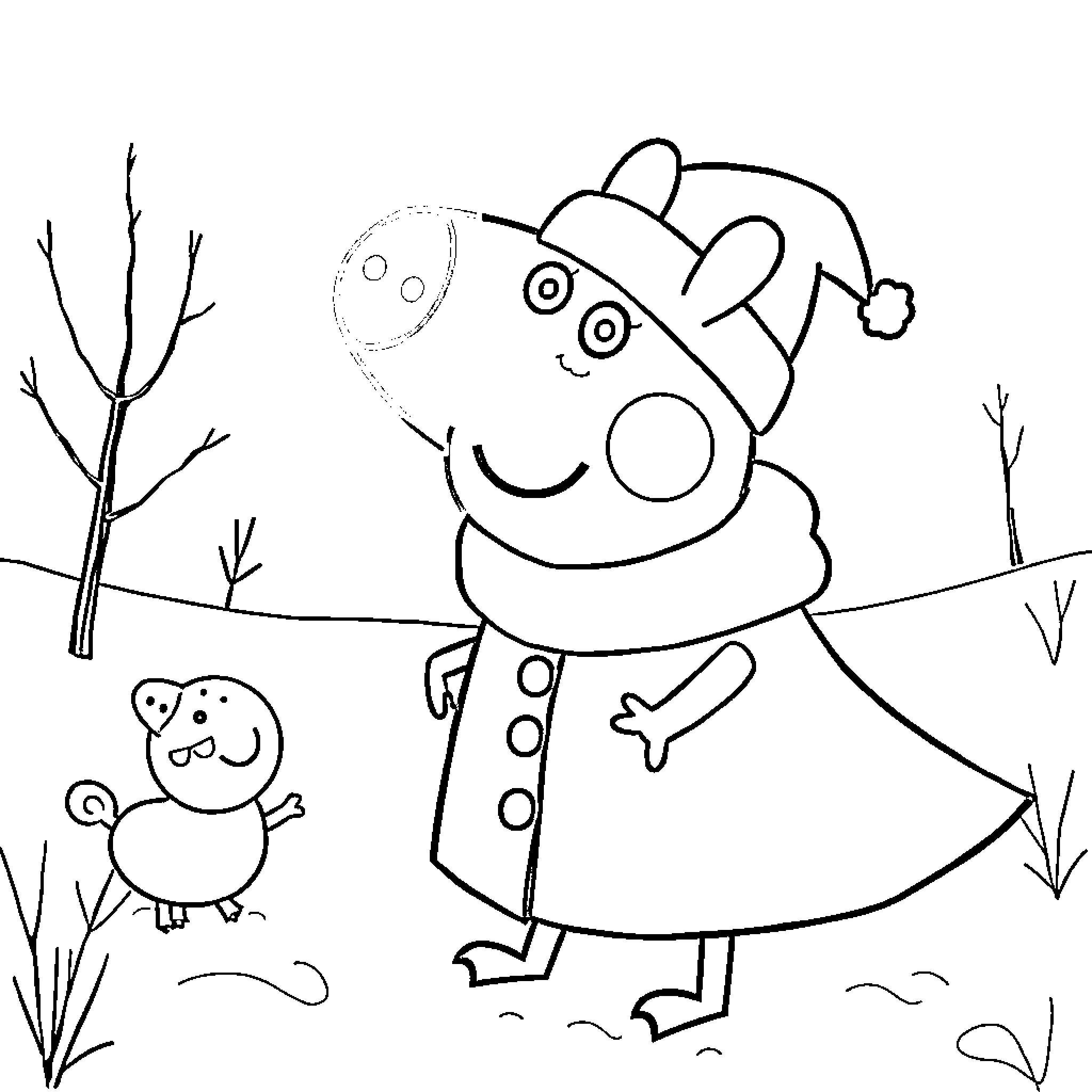 Peppa Pig and Teddy Bear Playing Outdoors Coloring Page (free black-and-white line drawing printable PDF for all, from beginners to advanced learners, including children, teens, adults, and seniors)