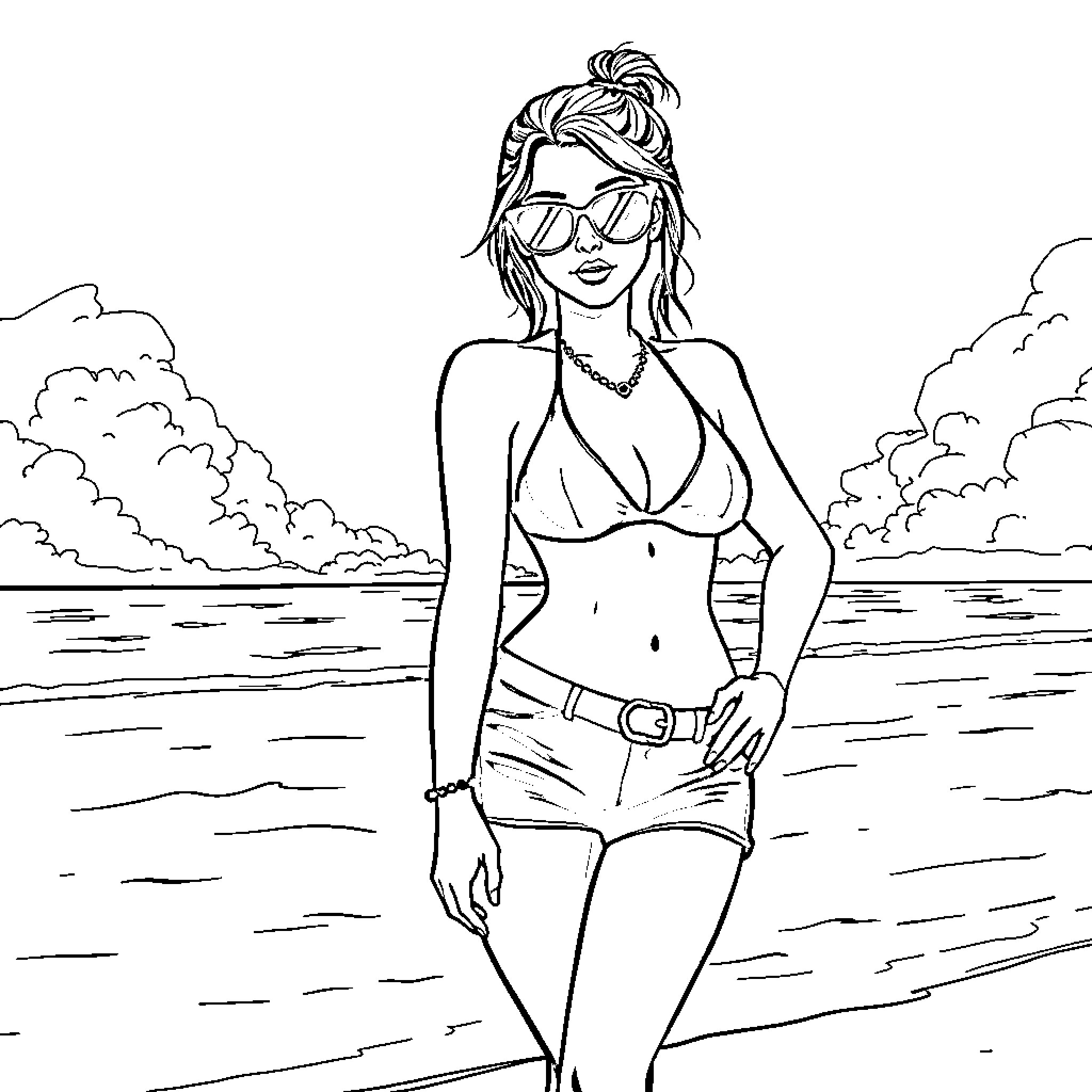 Goth Girl Relaxing by the Beach Coloring Page (free black-and-white line drawing printable PDF for all, from beginners to advanced learners, including children, teens, adults, and seniors)