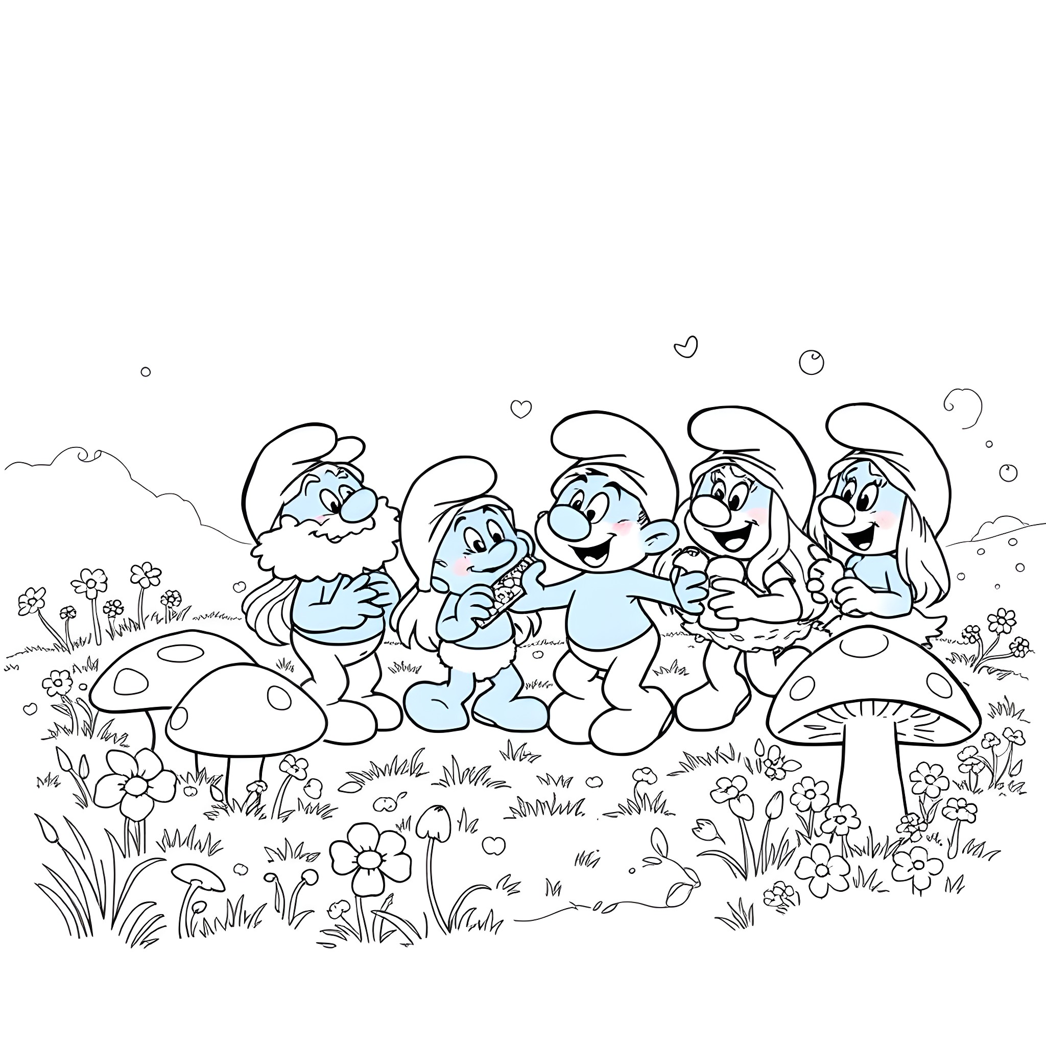 Smurf friends enjoying a happy day in the mushroom forest Coloring Page (free black-and-white line drawing printable PDF for all, from beginners to advanced learners, including children, teens, adults, and seniors)