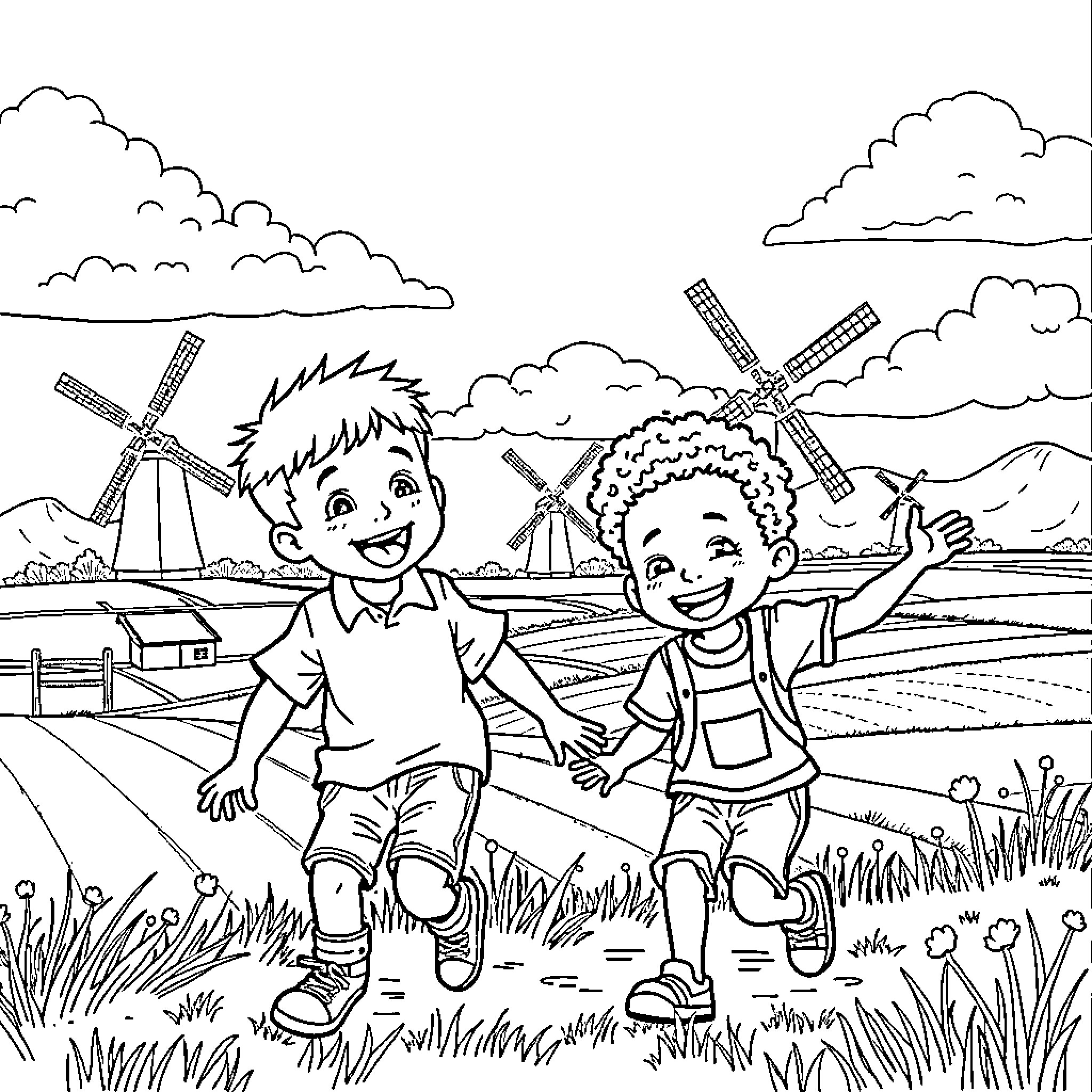 Boys playing happily in a countryside landscape Coloring Page (free black-and-white line drawing printable PDF for all, from beginners to advanced learners, including children, teens, adults, and seniors)