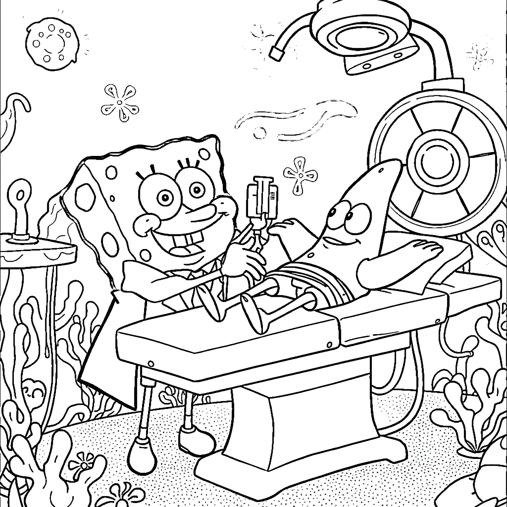 Spongebob enjoys a fun dentist visit with his sea creatures Coloring Page (free black-and-white line drawing printable PDF for all, from beginners to advanced learners, including children, teens, adults, and seniors)