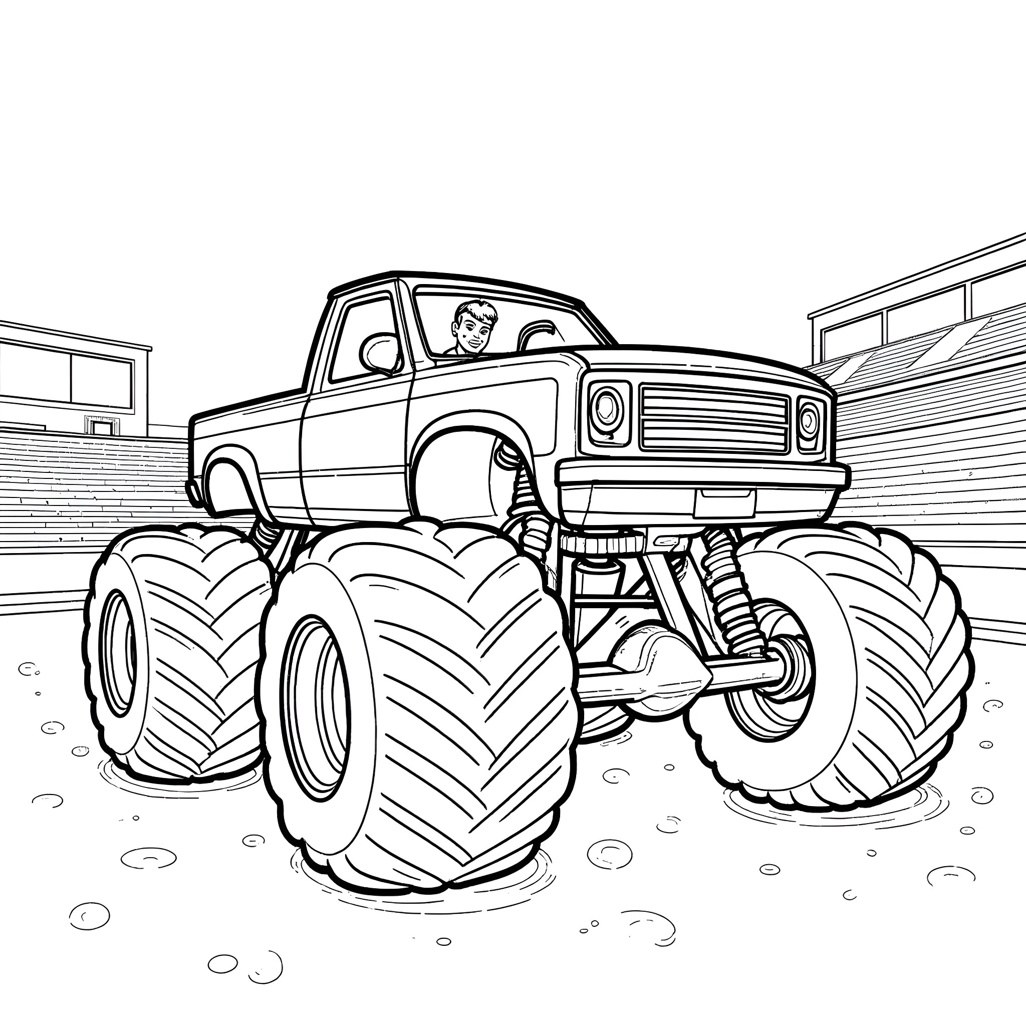 Boy Driving Massive Monster Truck on Muddy Terrain Coloring Page (free black-and-white line drawing printable PDF for all, from beginners to advanced learners, including children, teens, adults, and seniors)