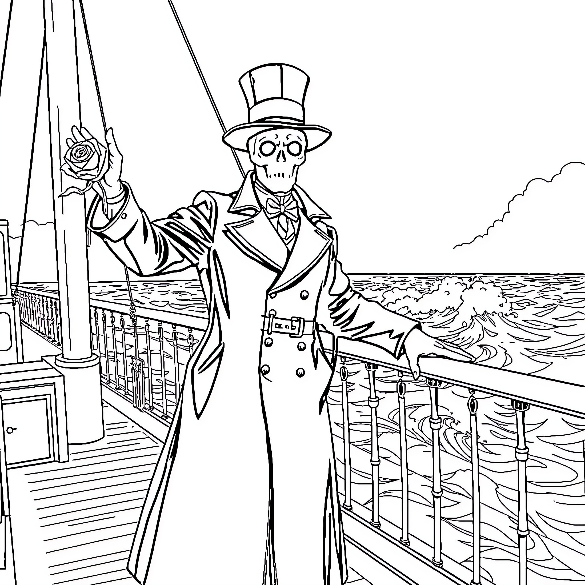 Plague Doctor overlooking the stormy sea from the ship's deck Coloring Page (free black-and-white line drawing printable PDF for all, from beginners to advanced learners, including children, teens, adults, and seniors)