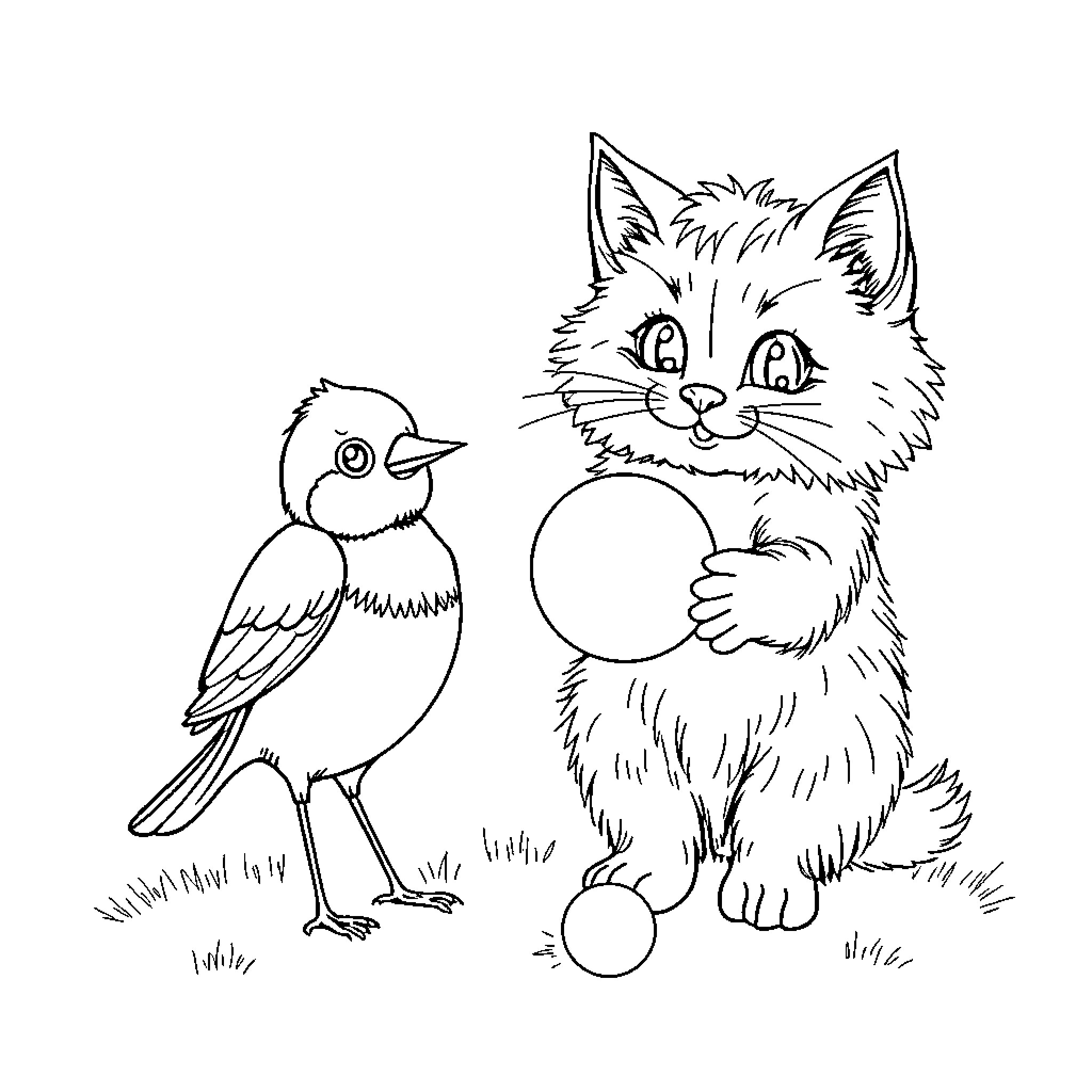 Cat Playing with Curious Bird Coloring Page (free black-and-white line drawing printable PDF for all, from beginners to advanced learners, including children, teens, adults, and seniors)