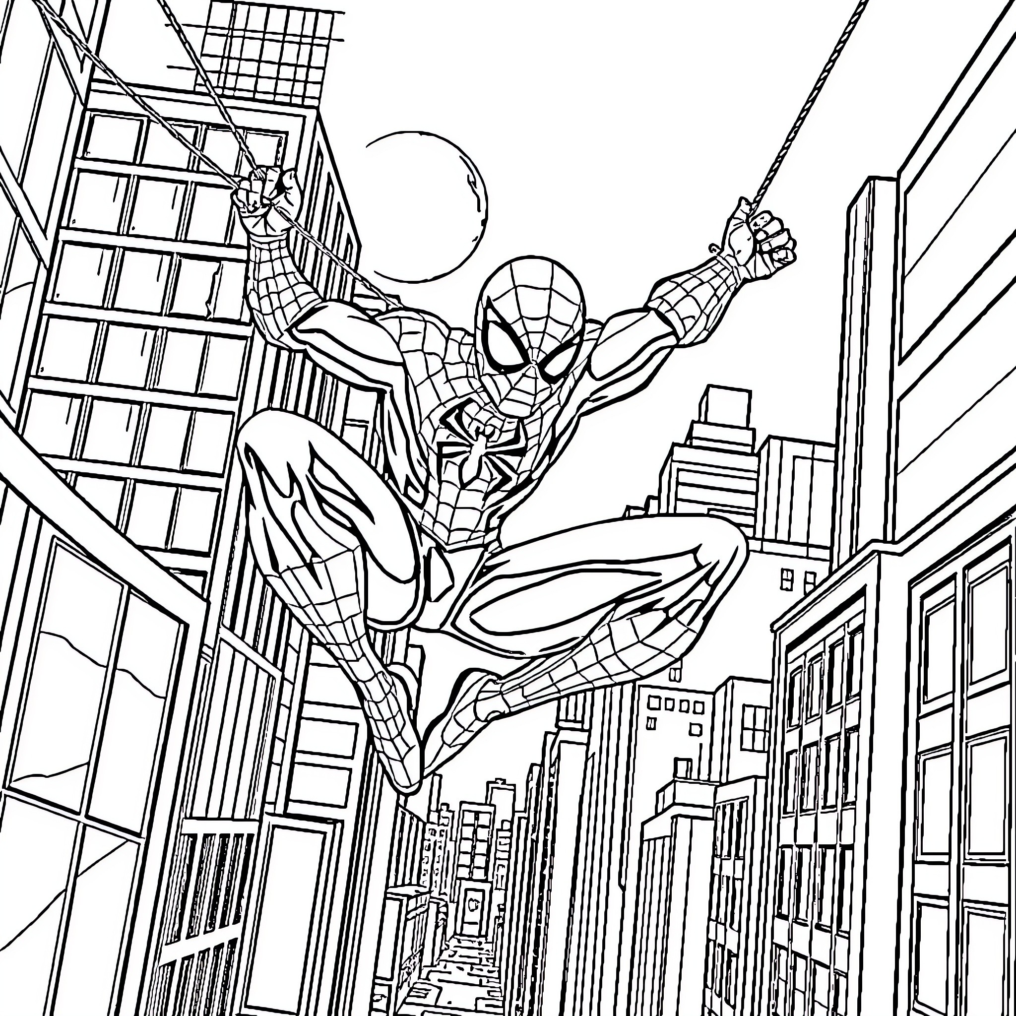 Spiderman swinging through the city skyline Coloring Page (free black-and-white line drawing printable PDF for all, from beginners to advanced learners, including children, teens, adults, and seniors)