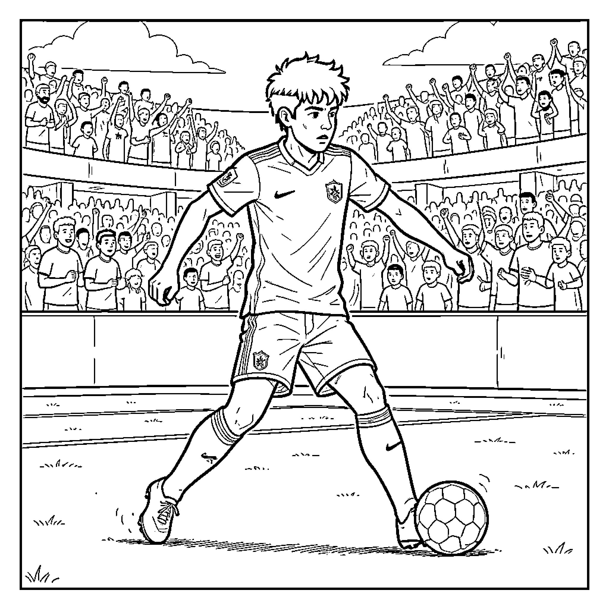 Lamine playing soccer in a crowded stadium Coloring Page (free black-and-white line drawing printable PDF for all, from beginners to advanced learners, including children, teens, adults, and seniors)