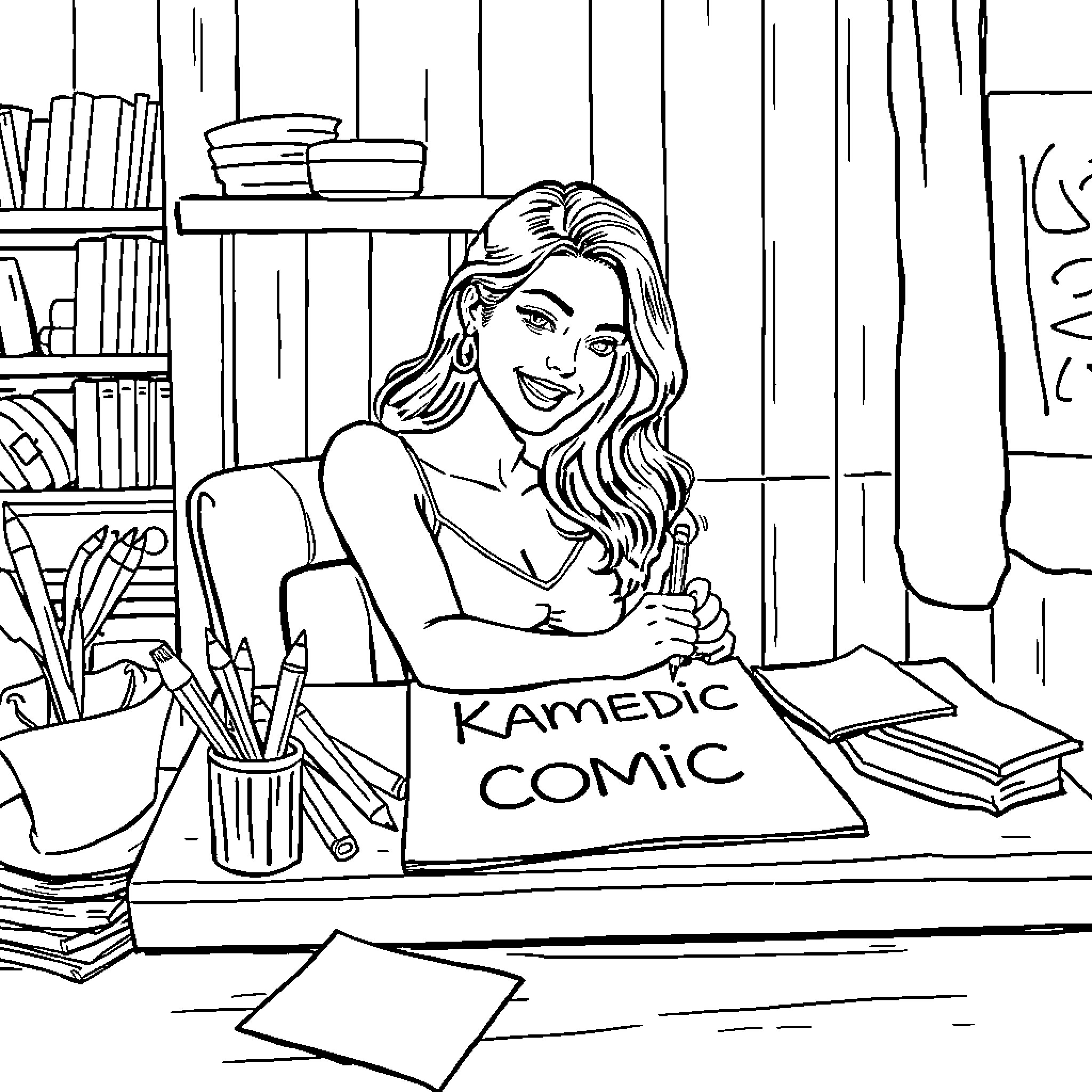 Woman working on her Kamedic comic Coloring Page (free black-and-white line drawing printable PDF for all, from beginners to advanced learners, including children, teens, adults, and seniors)