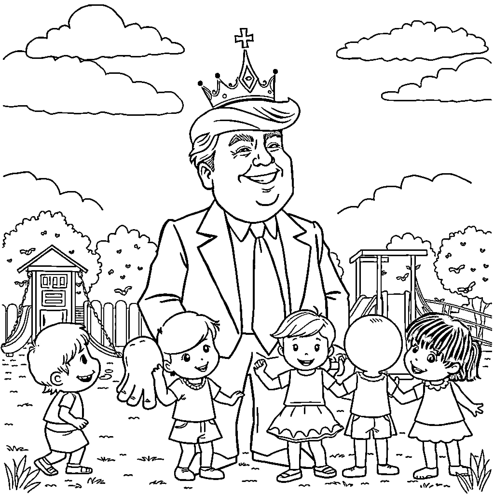 Trump entertaining children in a rural setting Coloring Page (free black-and-white line drawing printable PDF for all, from beginners to advanced learners, including children, teens, adults, and seniors)