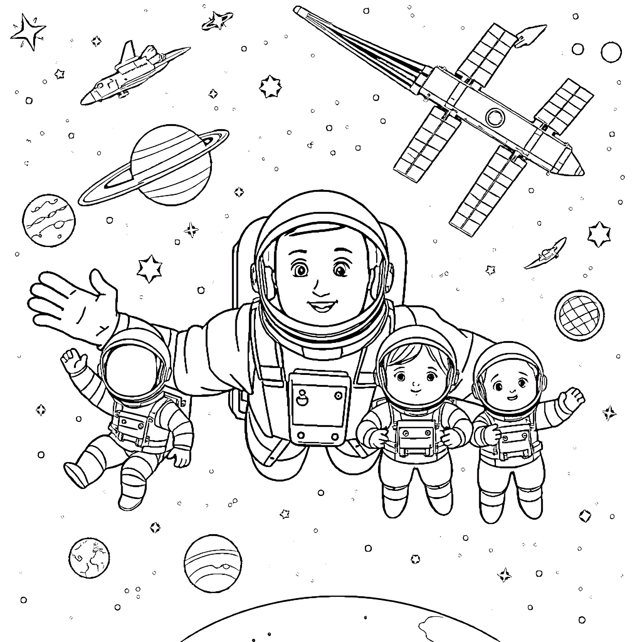 Astronauts exploring the wonders of space Coloring Page (free black-and-white line drawing printable PDF for all, from beginners to advanced learners, including children, teens, adults, and seniors)