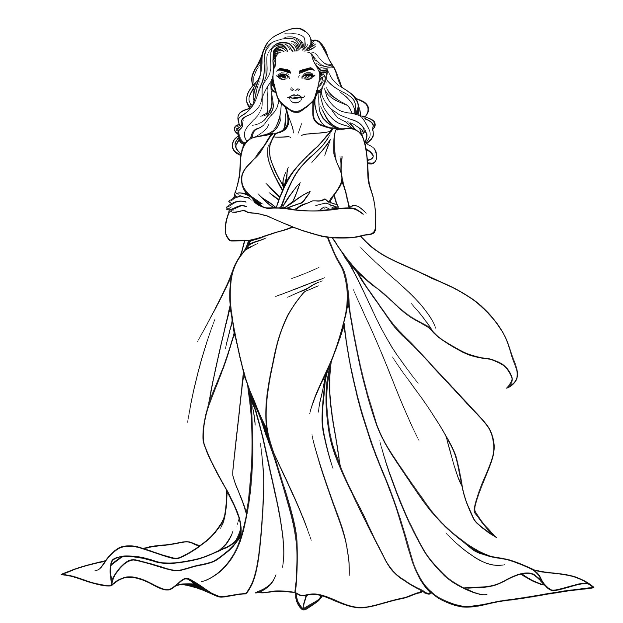 Girl in a flowing elegant gown Coloring Page (free black-and-white line drawing printable PDF for all, from beginners to advanced learners, including children, teens, adults, and seniors)
