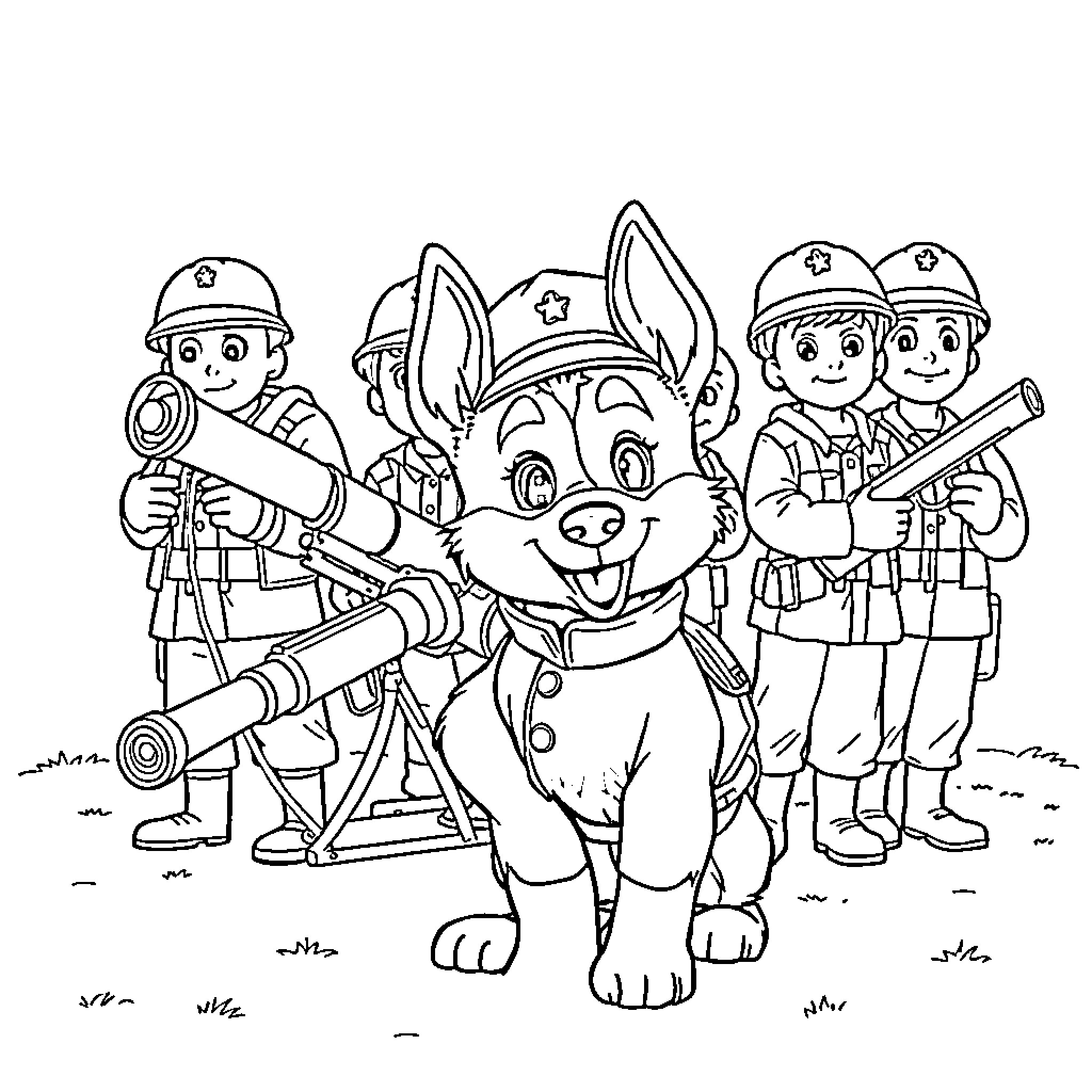 Bluey and the Firefighter Friends Coloring Page (free black-and-white line drawing printable PDF for all, from beginners to advanced learners, including children, teens, adults, and seniors)