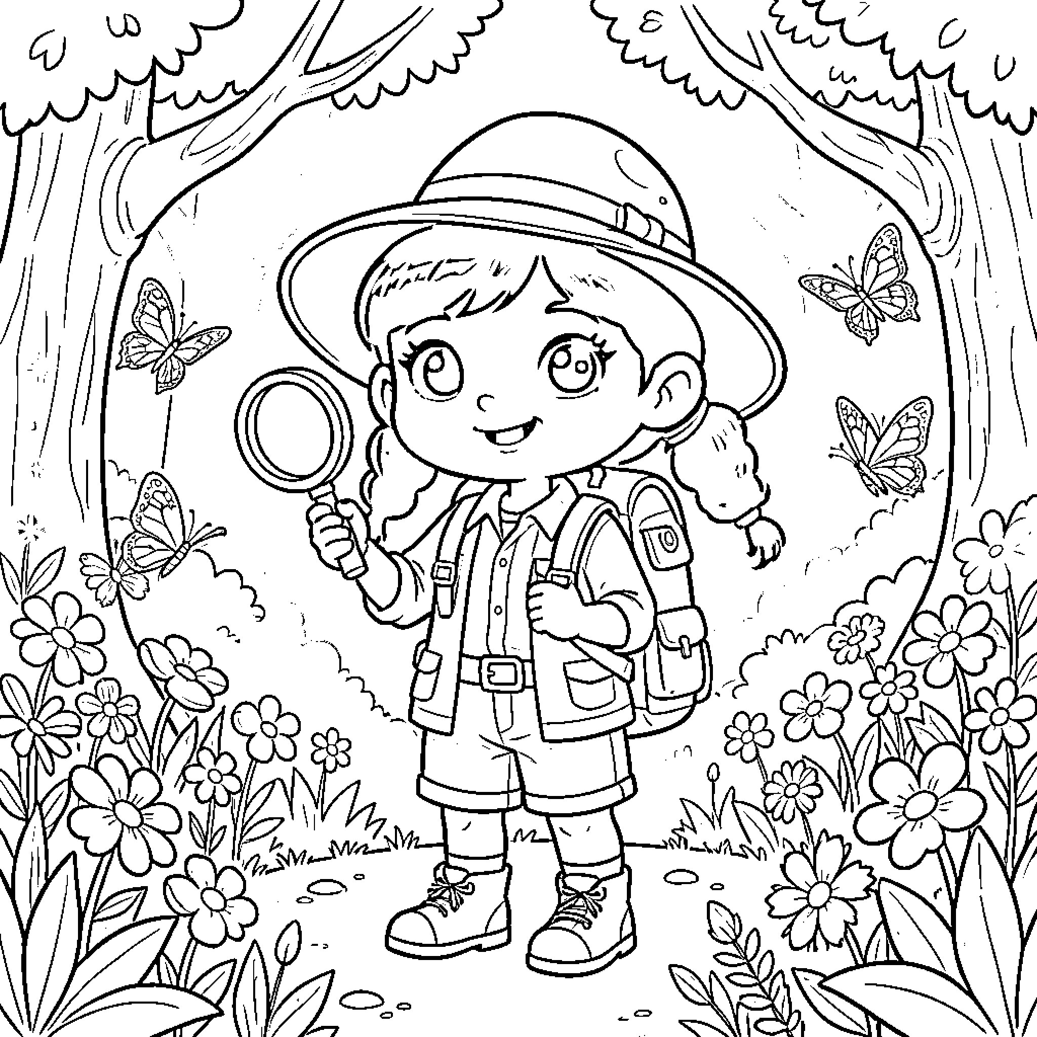 Girl exploring the enchanted forest Coloring Page (free black-and-white line drawing printable PDF for all, from beginners to advanced learners, including children, teens, adults, and seniors)