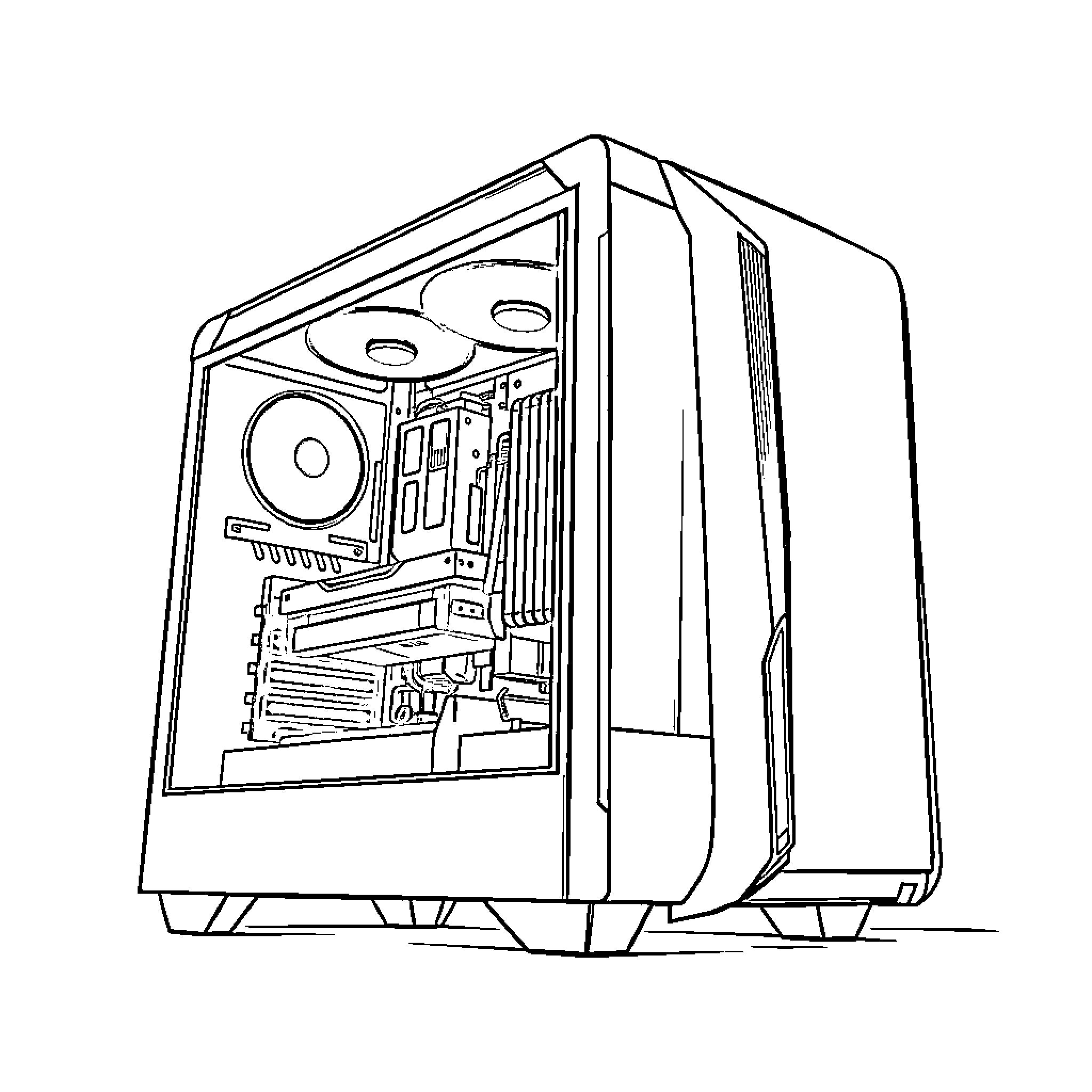 Gaming PC with Sleek Design and Internal Components Coloring Page (free black-and-white line drawing printable PDF for all, from beginners to advanced learners, including children, teens, adults, and seniors)