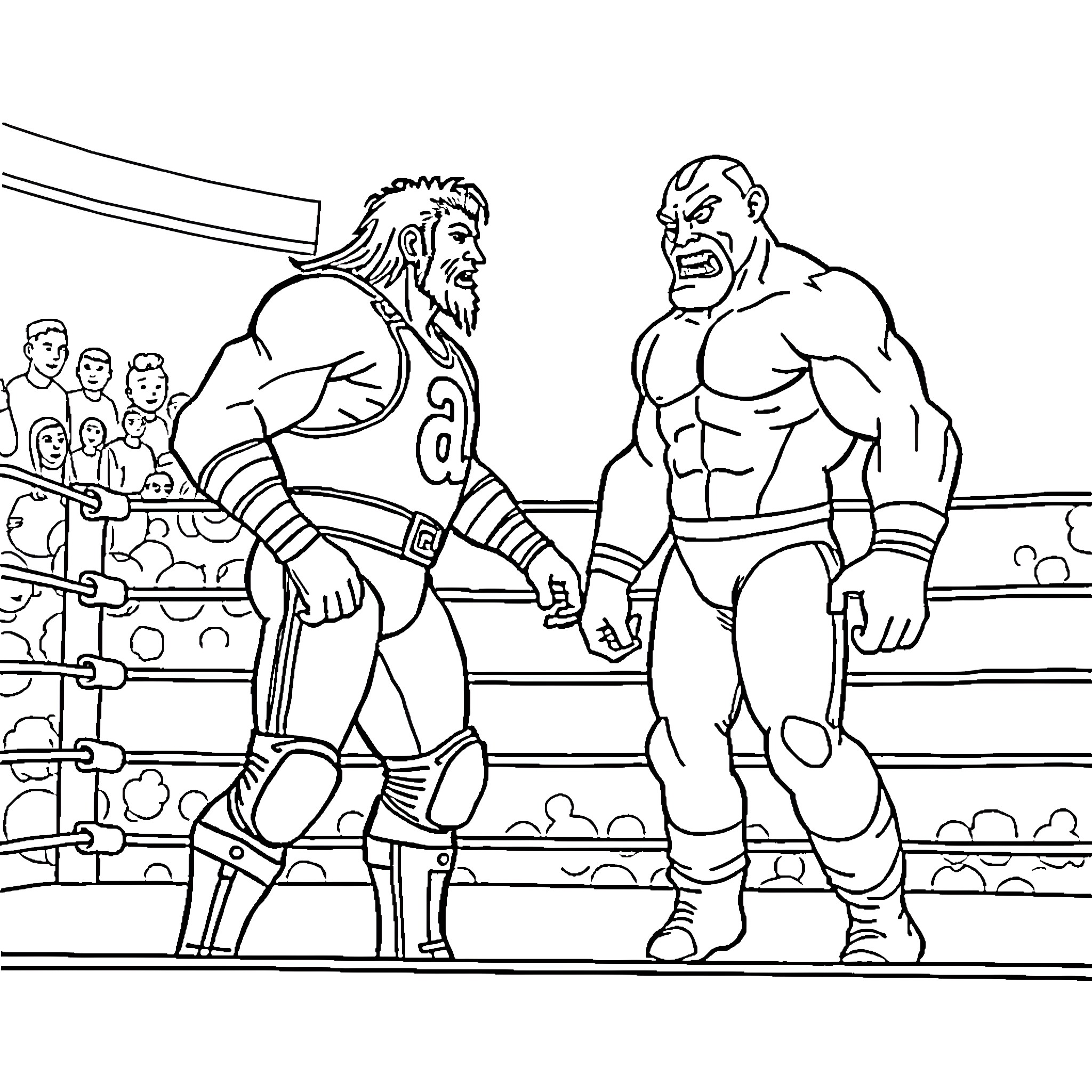 Wrestler's intense match in the ring Coloring Page (free black-and-white line drawing printable PDF for all, from beginners to advanced learners, including children, teens, adults, and seniors)