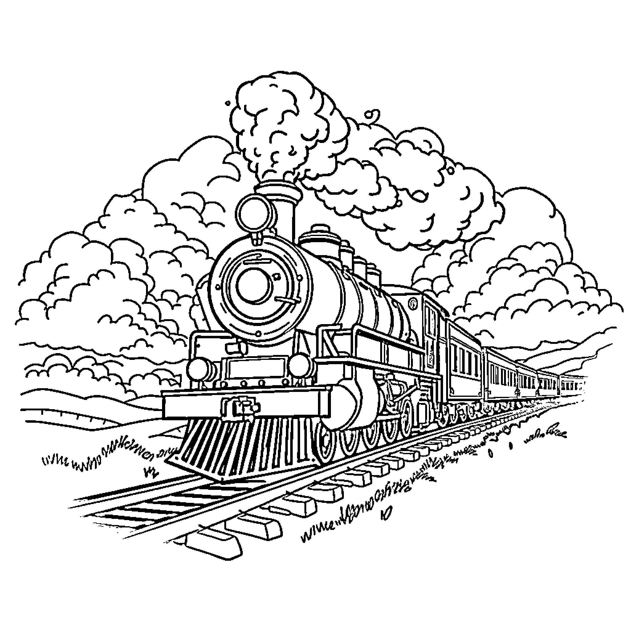 Stametrain speeds through the clouds Coloring Page (free black-and-white line drawing printable PDF for all, from beginners to advanced learners, including children, teens, adults, and seniors)