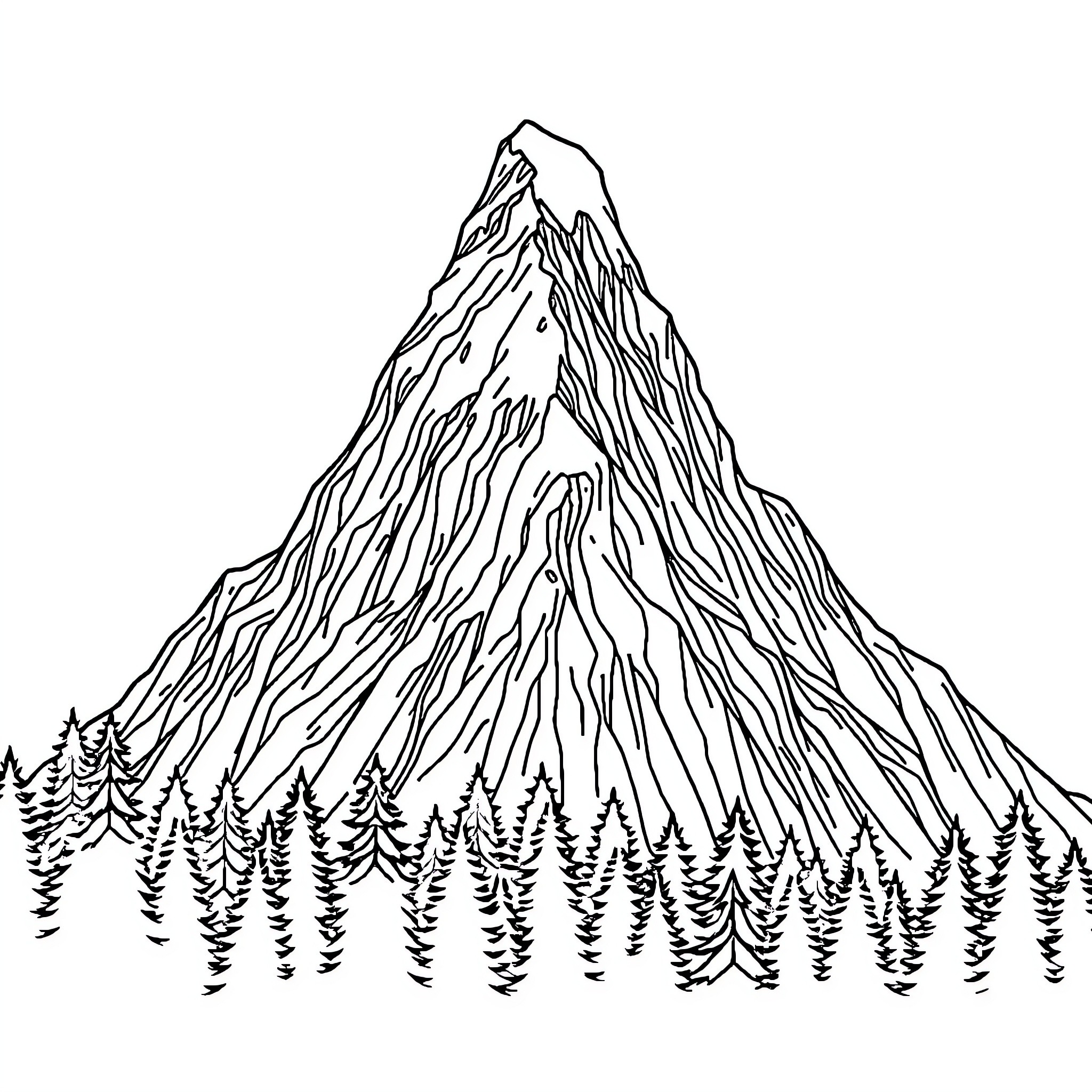 Mountain with Jagged Peaks and Evergreen Forest Coloring Page (free black-and-white line drawing printable PDF for all, from beginners to advanced learners, including children, teens, adults, and seniors)