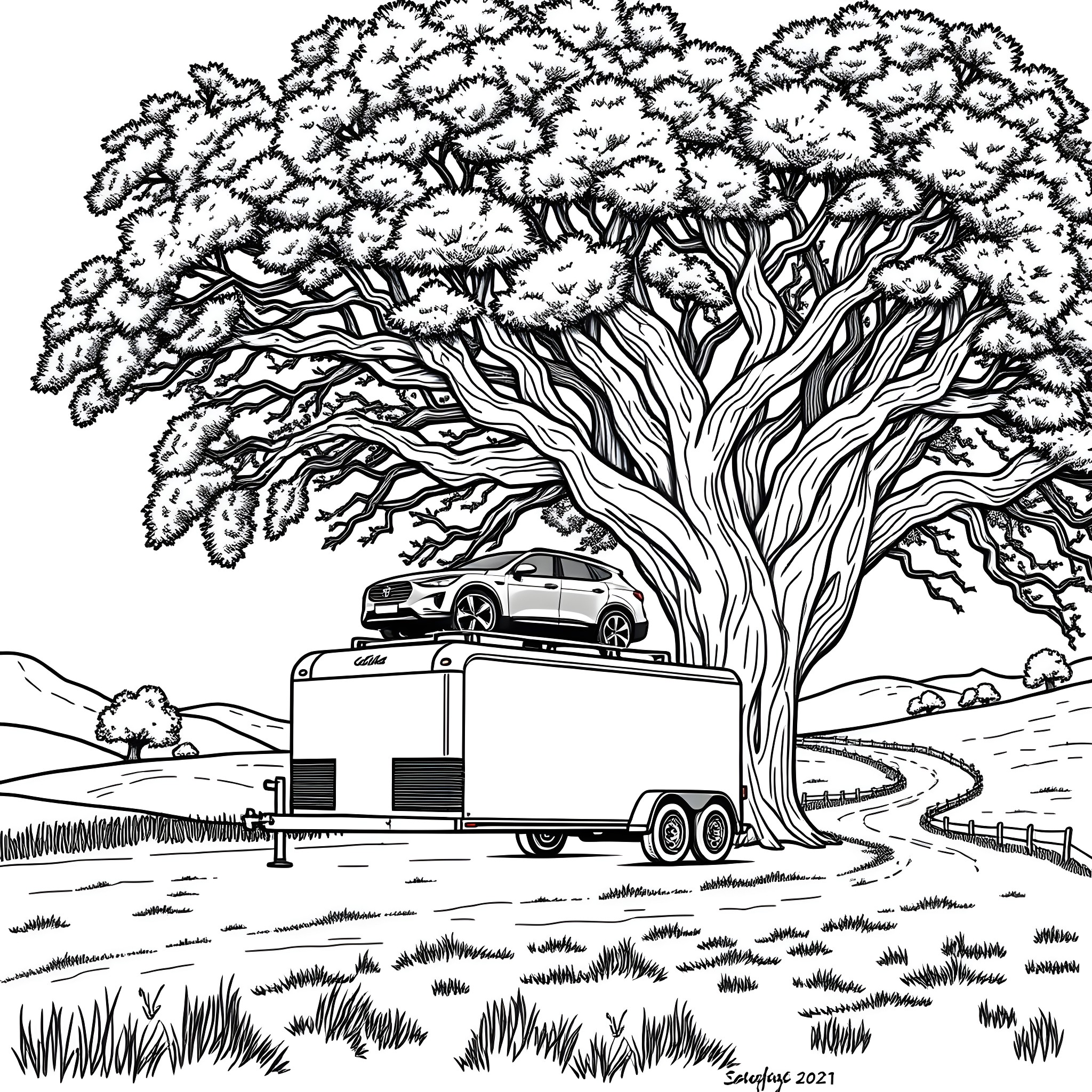 Trailer Adventure Under the Majestic Tree Coloring Page (free black-and-white line drawing printable PDF for all, from beginners to advanced learners, including children, teens, adults, and seniors)