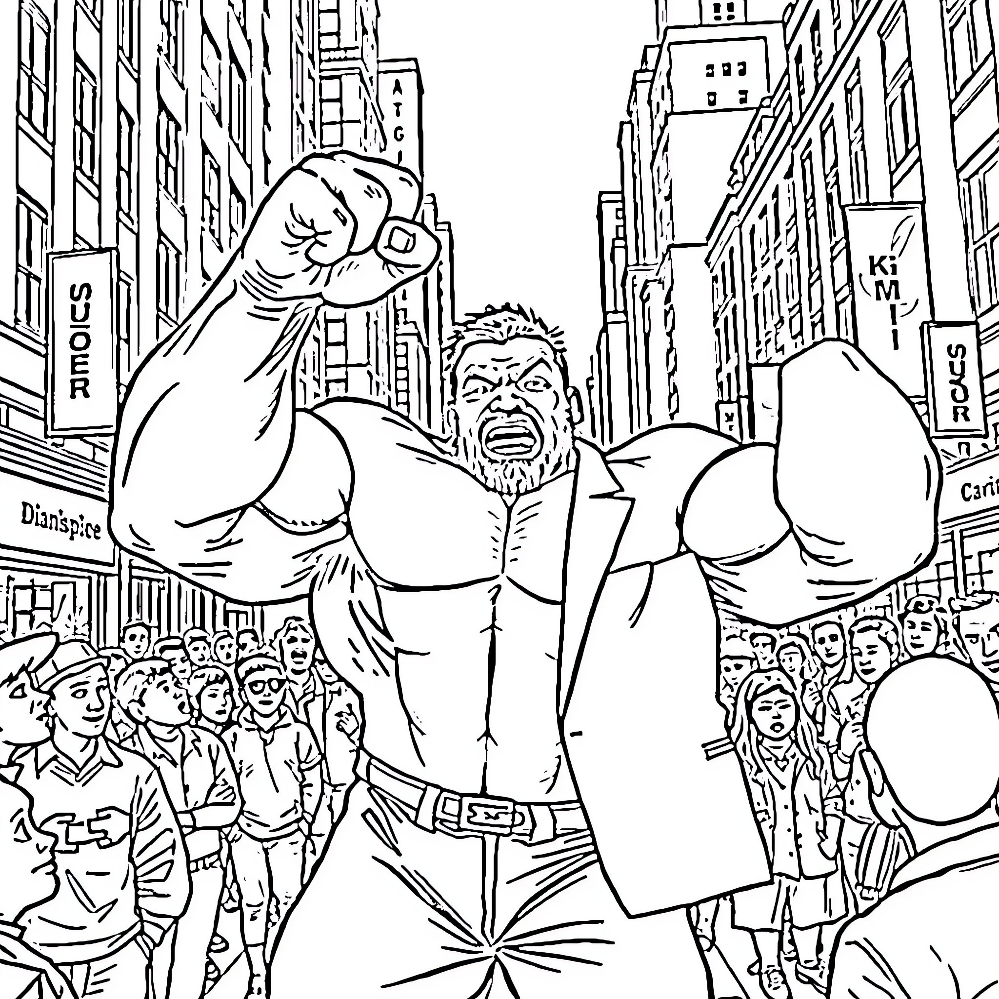Hulk rampaging through a bustling city street Coloring Page (free black-and-white line drawing printable PDF for all, from beginners to advanced learners, including children, teens, adults, and seniors)