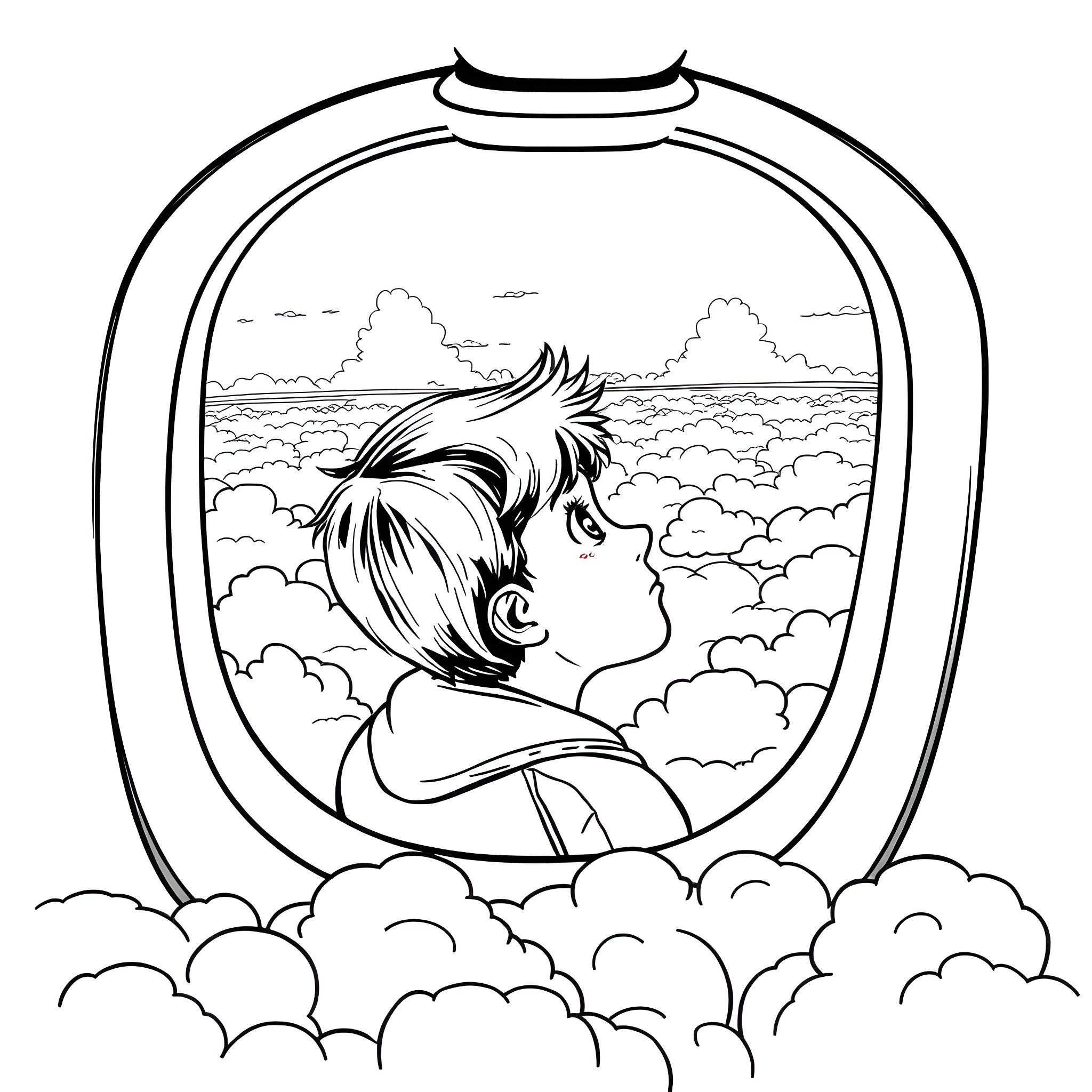 Plane Window Showcasing a Cloudy Skyscape Coloring Page (free black-and-white line drawing printable PDF for all, from beginners to advanced learners, including children, teens, adults, and seniors)