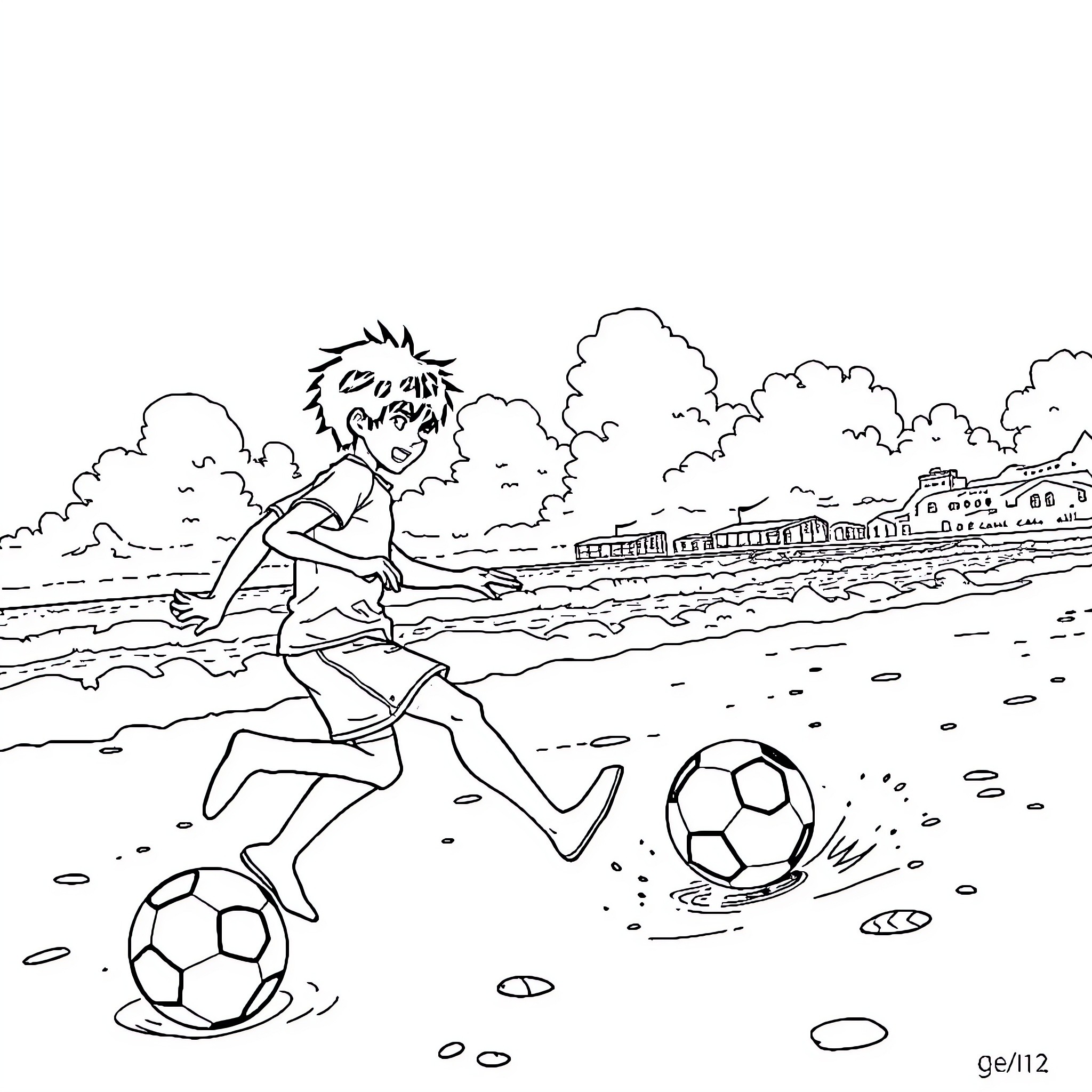 Mikasa running and kicking soccer balls on the field Coloring Page (free black-and-white line drawing printable PDF for all, from beginners to advanced learners, including children, teens, adults, and seniors)