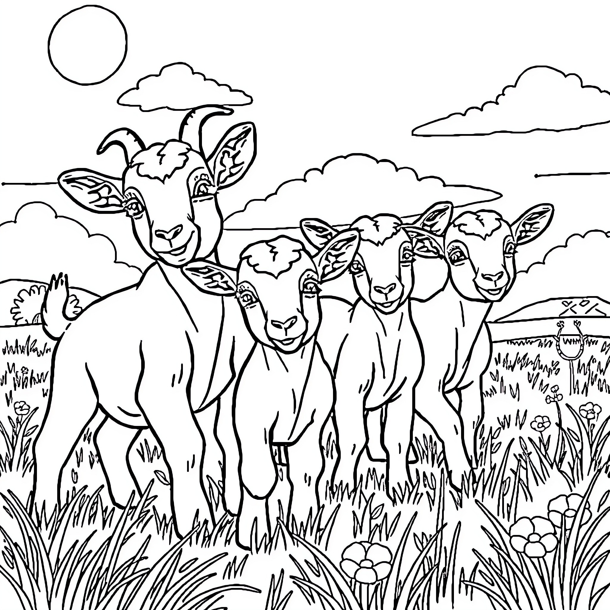 Goats grazing peacefully in a lush meadow Coloring Page (free black-and-white line drawing printable PDF for all, from beginners to advanced learners, including children, teens, adults, and seniors)