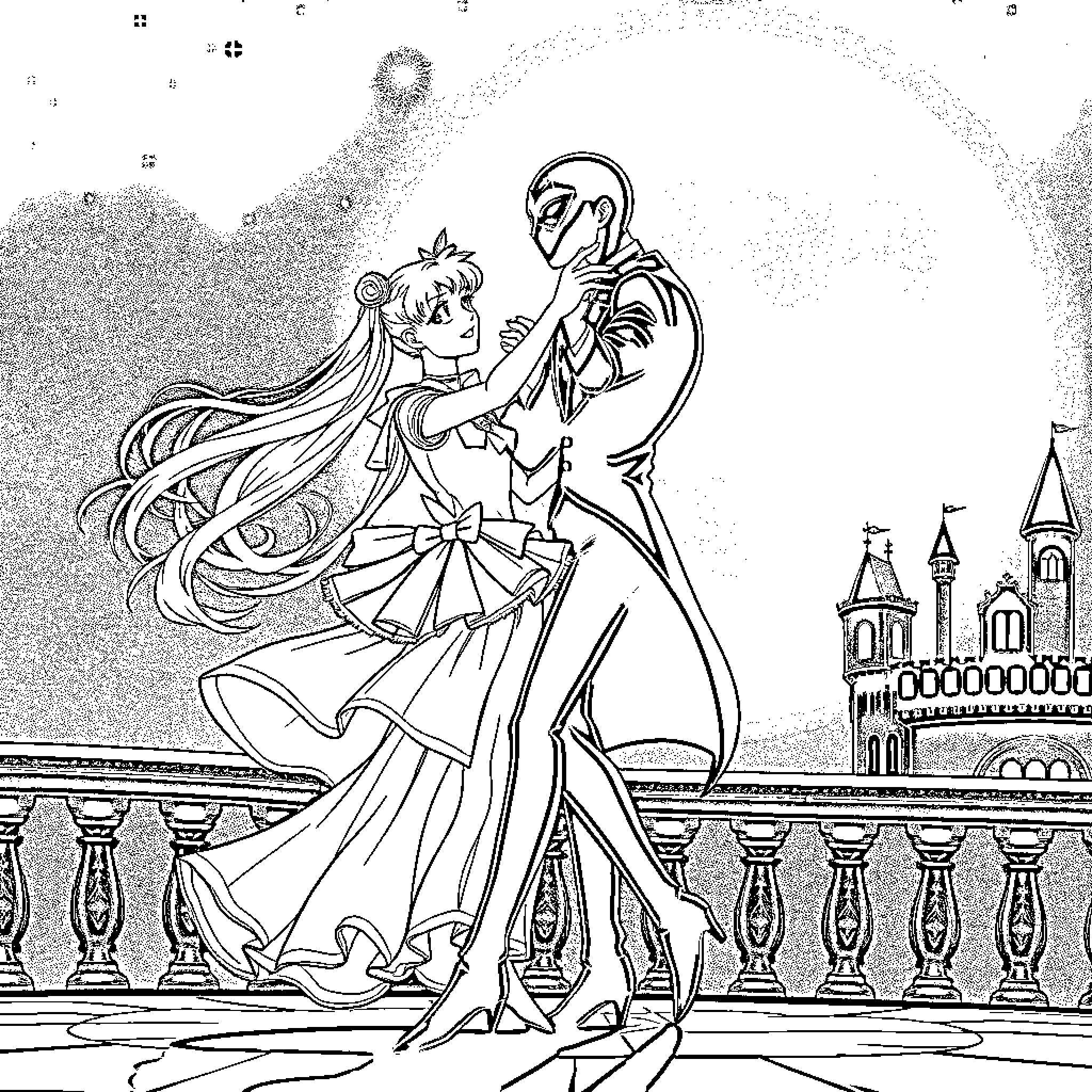 Sailormoon dancing with her lover on a castle balcony Coloring Page (free black-and-white line drawing printable PDF for all, from beginners to advanced learners, including children, teens, adults, and seniors)