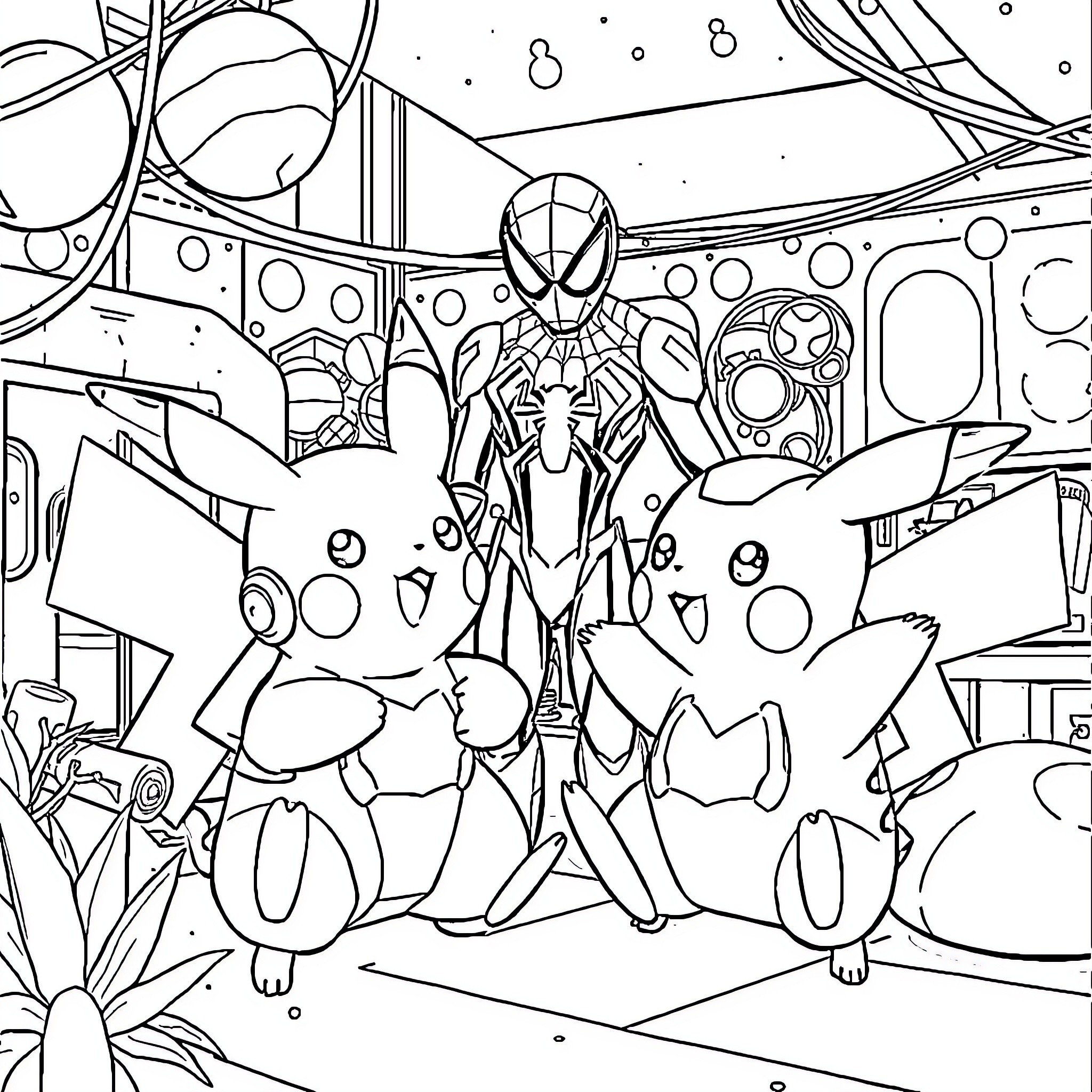 Pikachu's Futuristic Adventure with Spider-Man Coloring Page (free black-and-white line drawing printable PDF for all, from beginners to advanced learners, including children, teens, adults, and seniors)