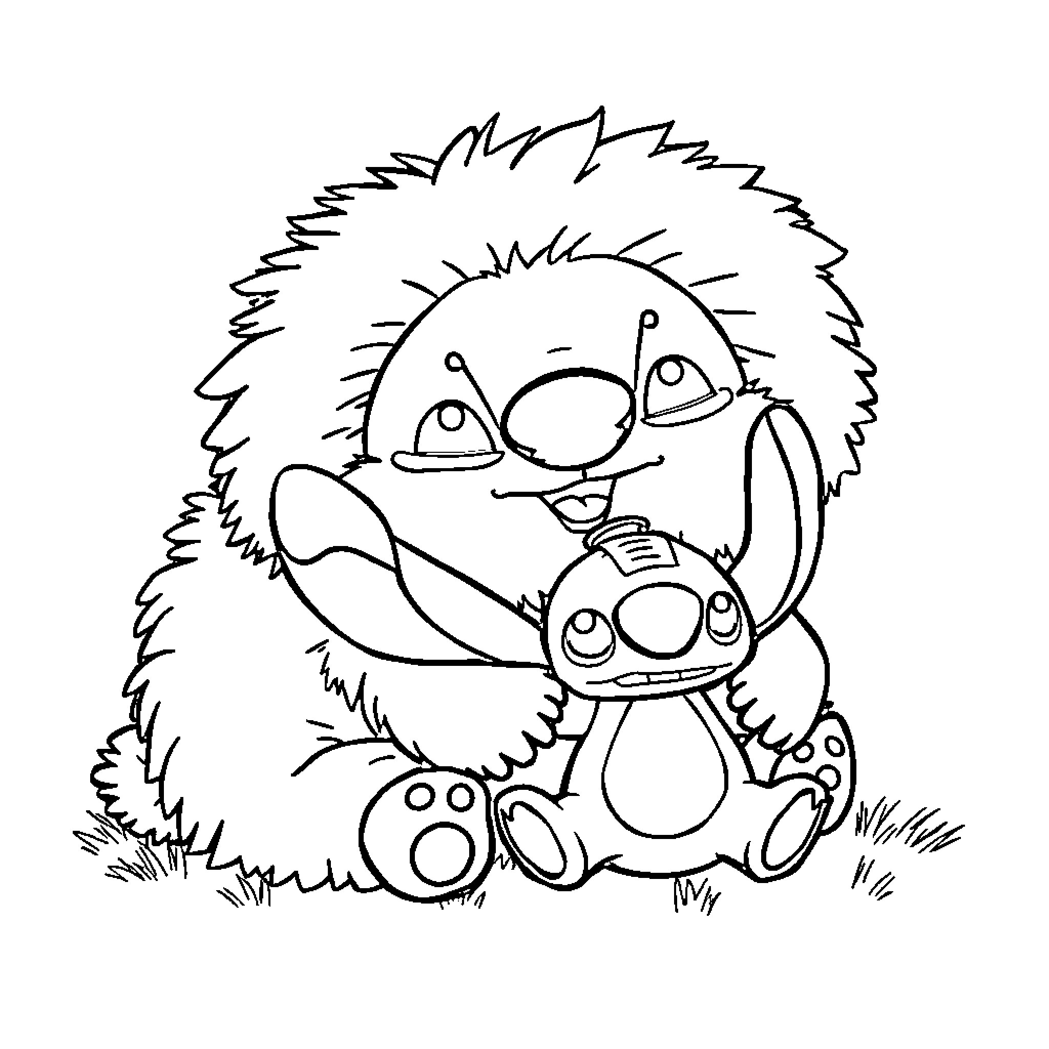 Labubu's Cuddle Time with Friendly Creature Coloring Page (free black-and-white line drawing printable PDF for all, from beginners to advanced learners, including children, teens, adults, and seniors)