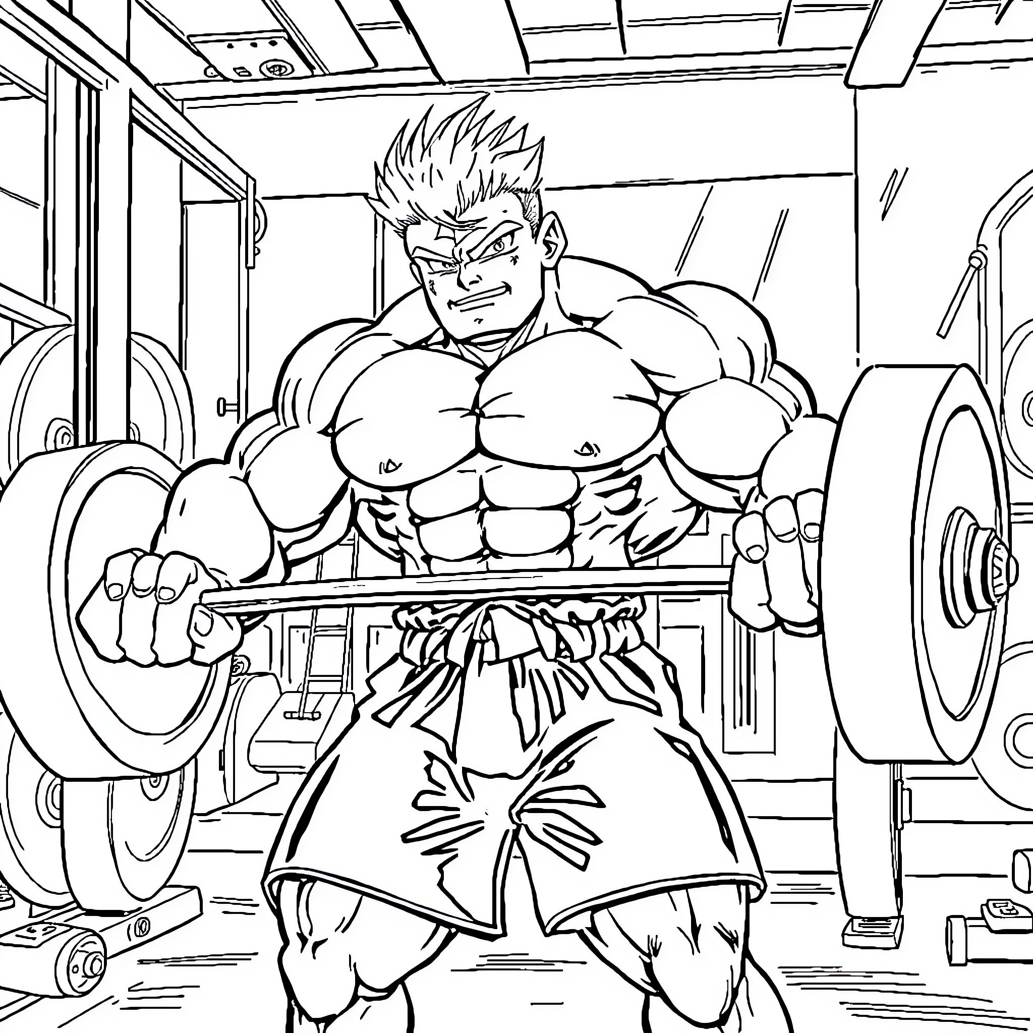 Kid Buu's Intense Workout in the Gym Coloring Page (free black-and-white line drawing printable PDF for all, from beginners to advanced learners, including children, teens, adults, and seniors)