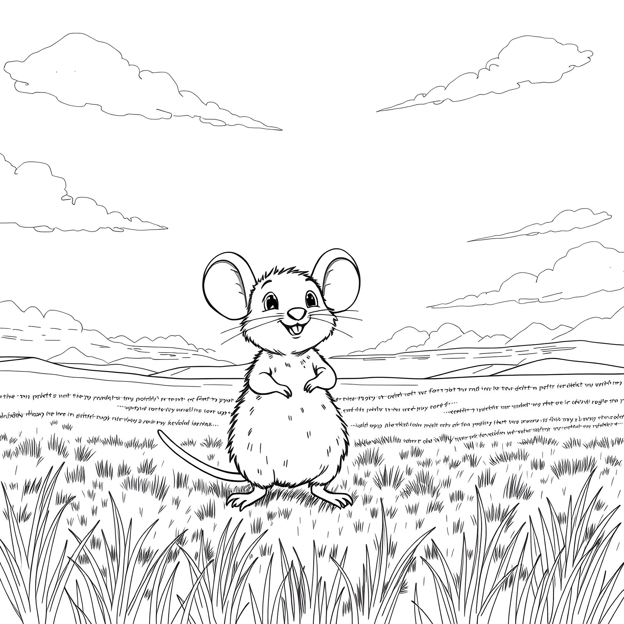 Mouse cheerfully exploring the grassy field Coloring Page (free black-and-white line drawing printable PDF for all, from beginners to advanced learners, including children, teens, adults, and seniors)