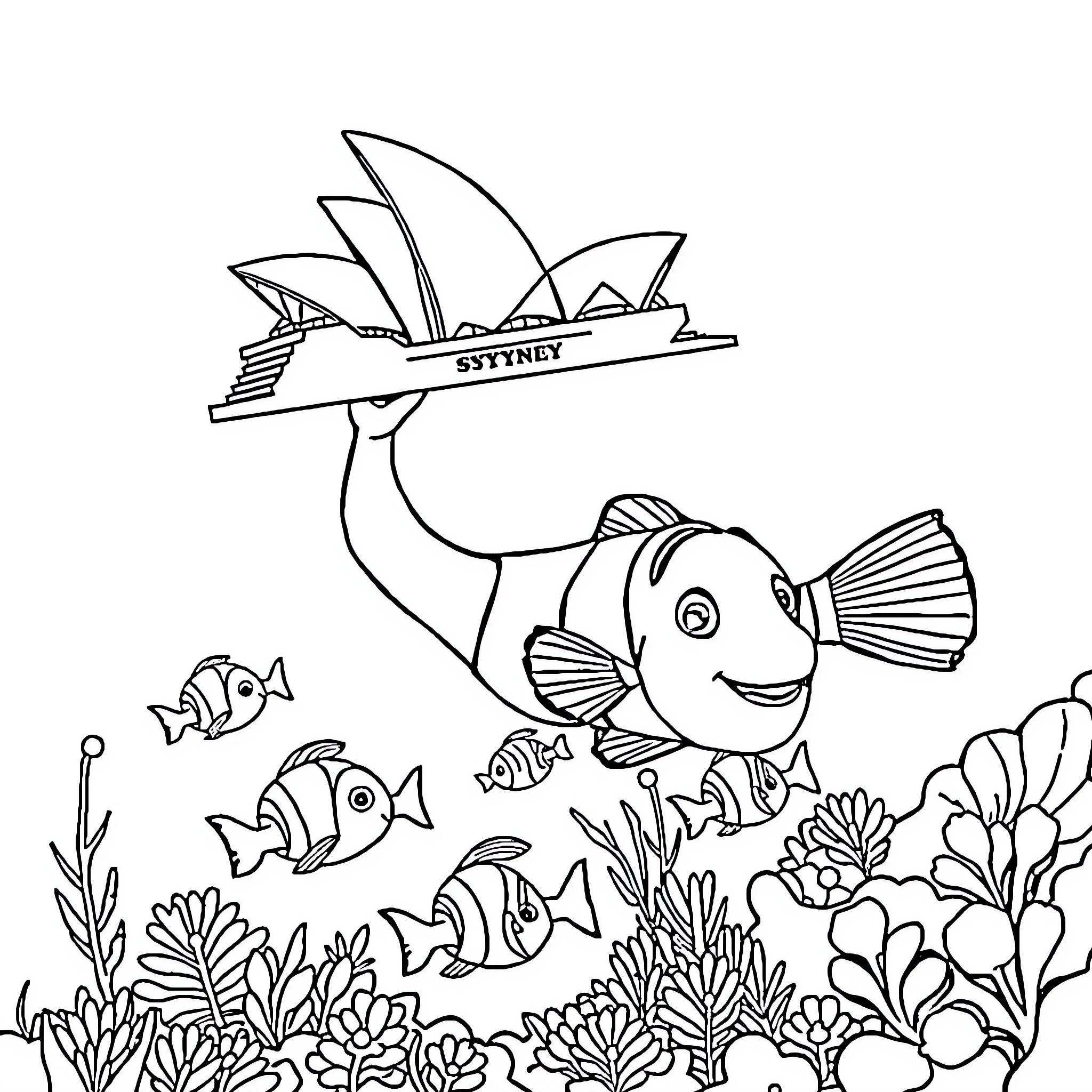 Nemo exploring the underwater coral reef Coloring Page (free black-and-white line drawing printable PDF for all, from beginners to advanced learners, including children, teens, adults, and seniors)