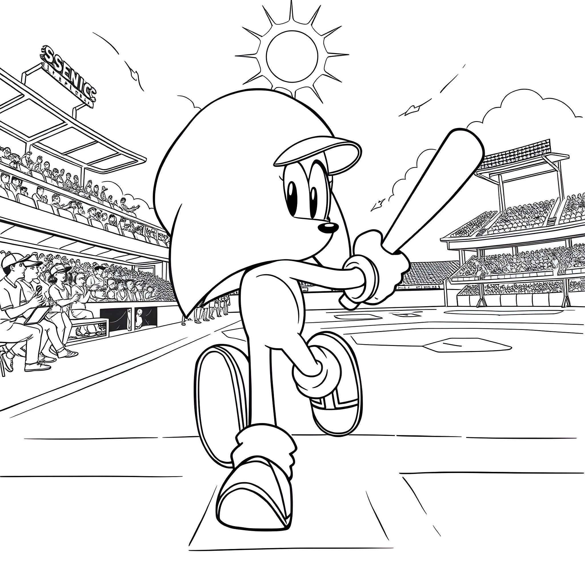 Sonic Enjoying a Day at the Baseball Stadium Coloring Page (free black-and-white line drawing printable PDF for all, from beginners to advanced learners, including children, teens, adults, and seniors)