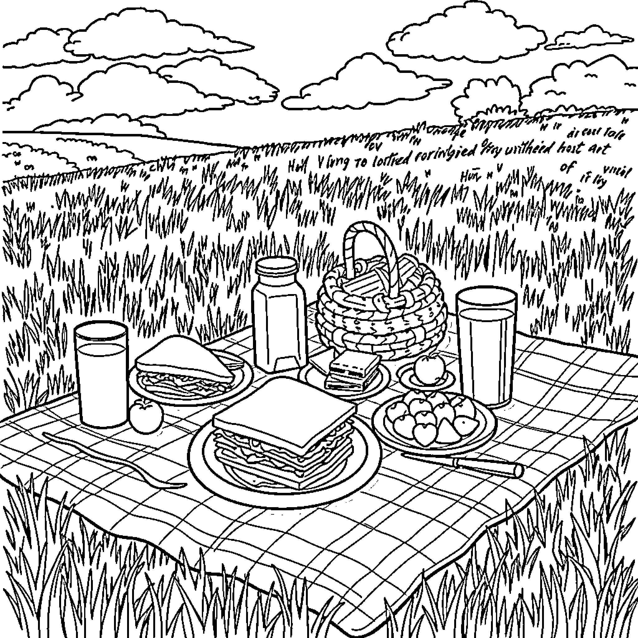 Breakfast Picnic in the Meadow Coloring Page (free black-and-white line drawing printable PDF for all, from beginners to advanced learners, including children, teens, adults, and seniors)