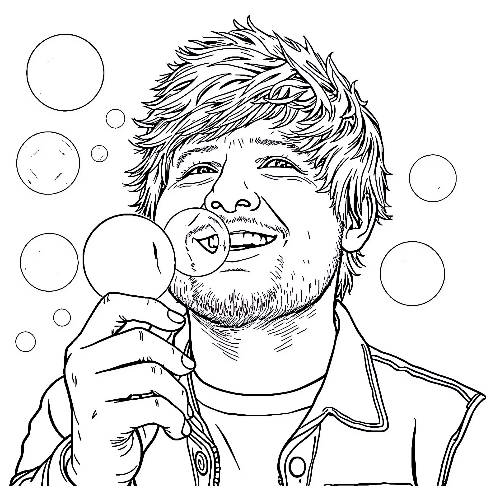Ed Sheeran singing joyfully while surrounded by bubbles Coloring Page (free black-and-white line drawing printable PDF for all, from beginners to advanced learners, including children, teens, adults, and seniors)