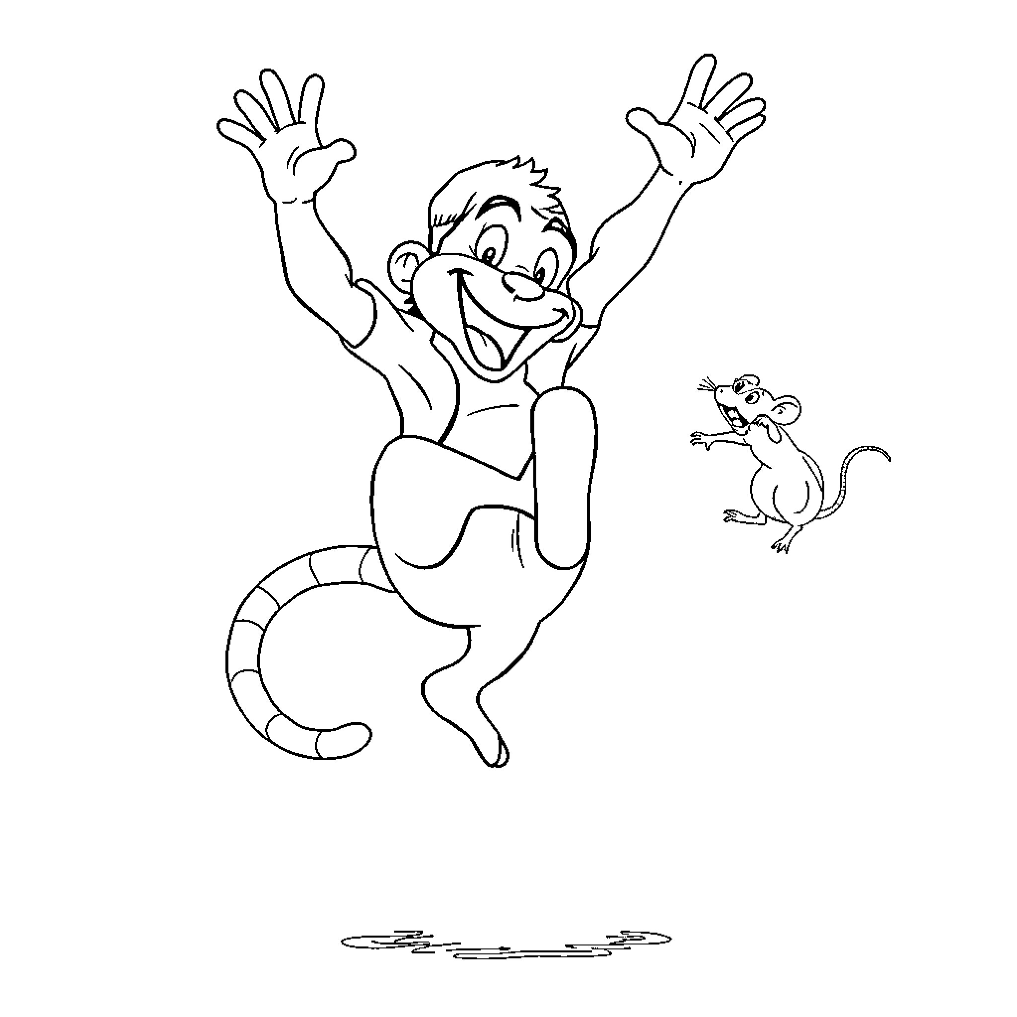Clown jumping excitedly with a mouse Coloring Page (free black-and-white line drawing printable PDF for all, from beginners to advanced learners, including children, teens, adults, and seniors)