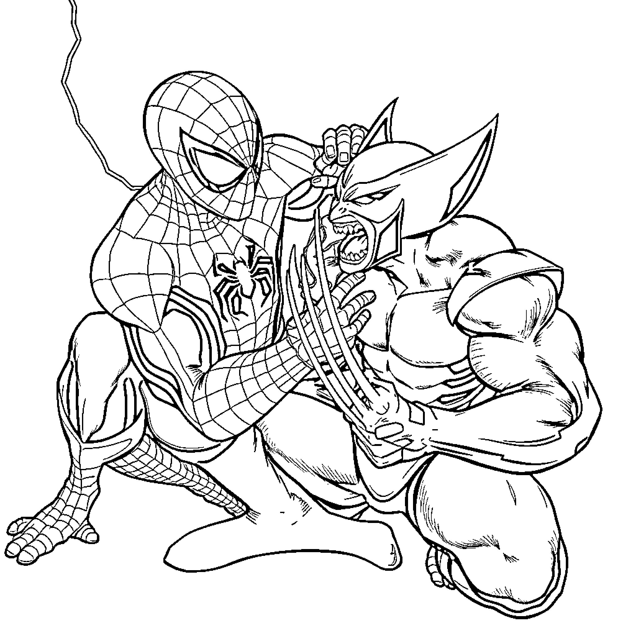 Spider-Man battling a fierce creature Coloring Page (free black-and-white line drawing printable PDF for all, from beginners to advanced learners, including children, teens, adults, and seniors)