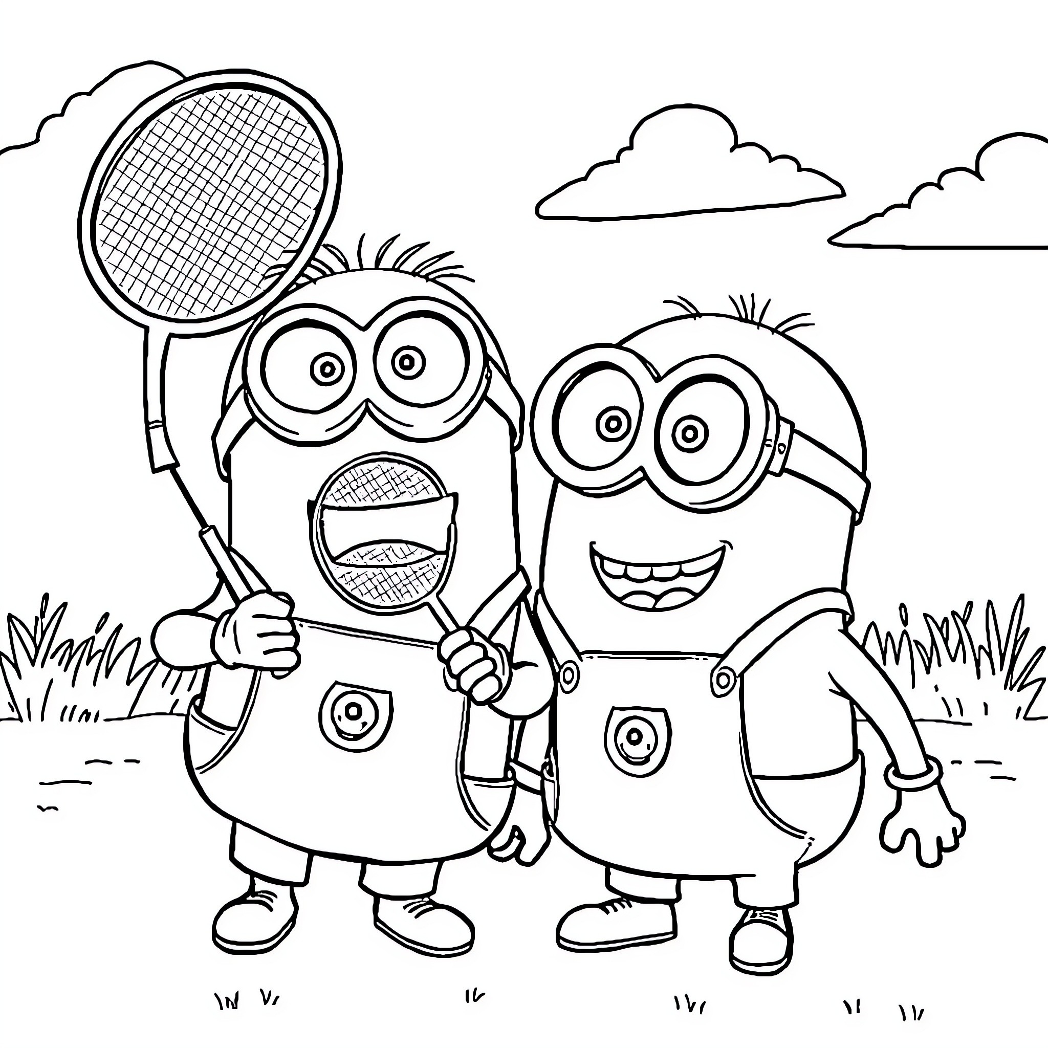 Minions playing tennis in the park Coloring Page (free black-and-white line drawing printable PDF for all, from beginners to advanced learners, including children, teens, adults, and seniors)