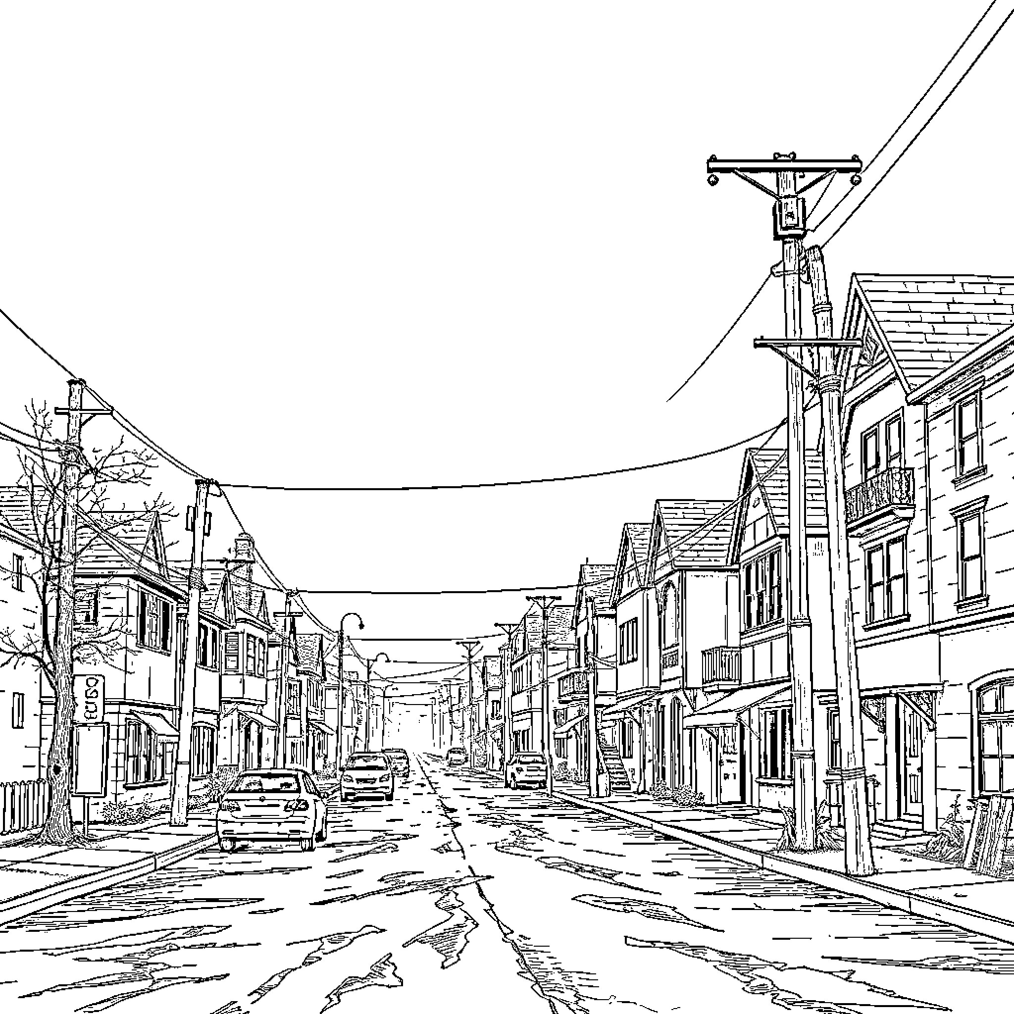 Silent Hill: Deserted Street in Abandoned Town Coloring Page (free black-and-white line drawing printable PDF for all, from beginners to advanced learners, including children, teens, adults, and seniors)