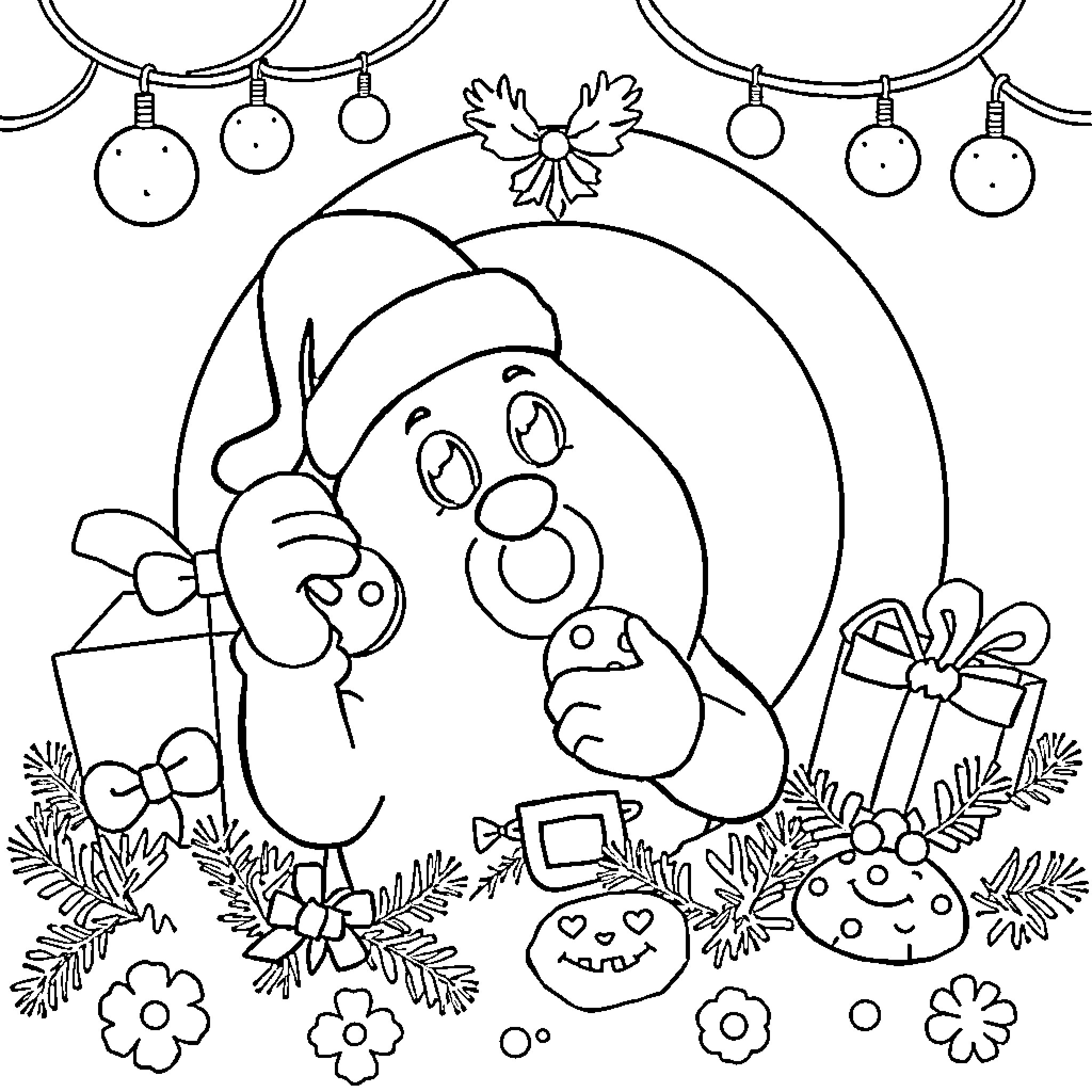 Target Mascot celebrating holiday with gifts and decorations Coloring Page (free black-and-white line drawing printable PDF for all, from beginners to advanced learners, including children, teens, adults, and seniors)